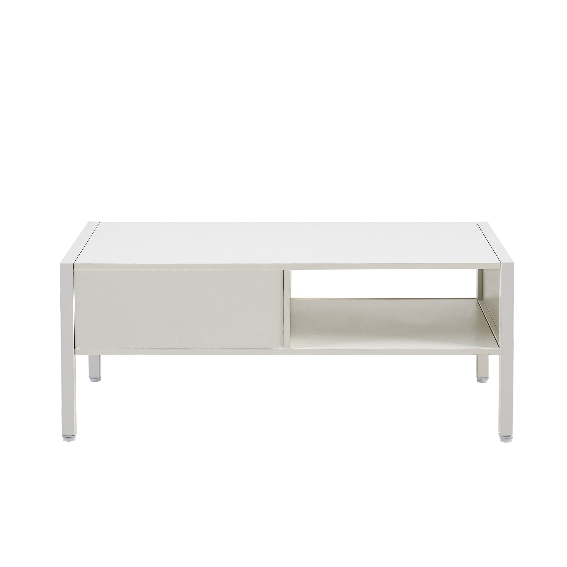 40.16" Rattan Coffee Table, Sliding Door For Storage, Metal Legs, Modern Table For Living Roomwhite White Mdf Metal