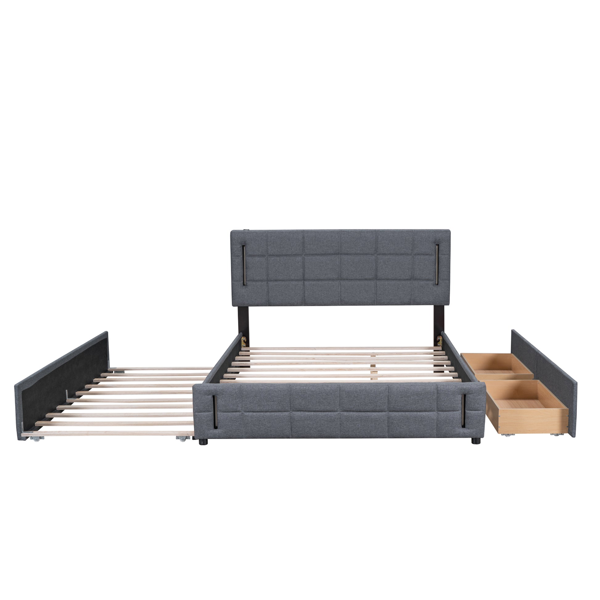 Queen Size Upholstered Platform Bed With Trundle And Drawers, Gray Queen Gray Upholstered