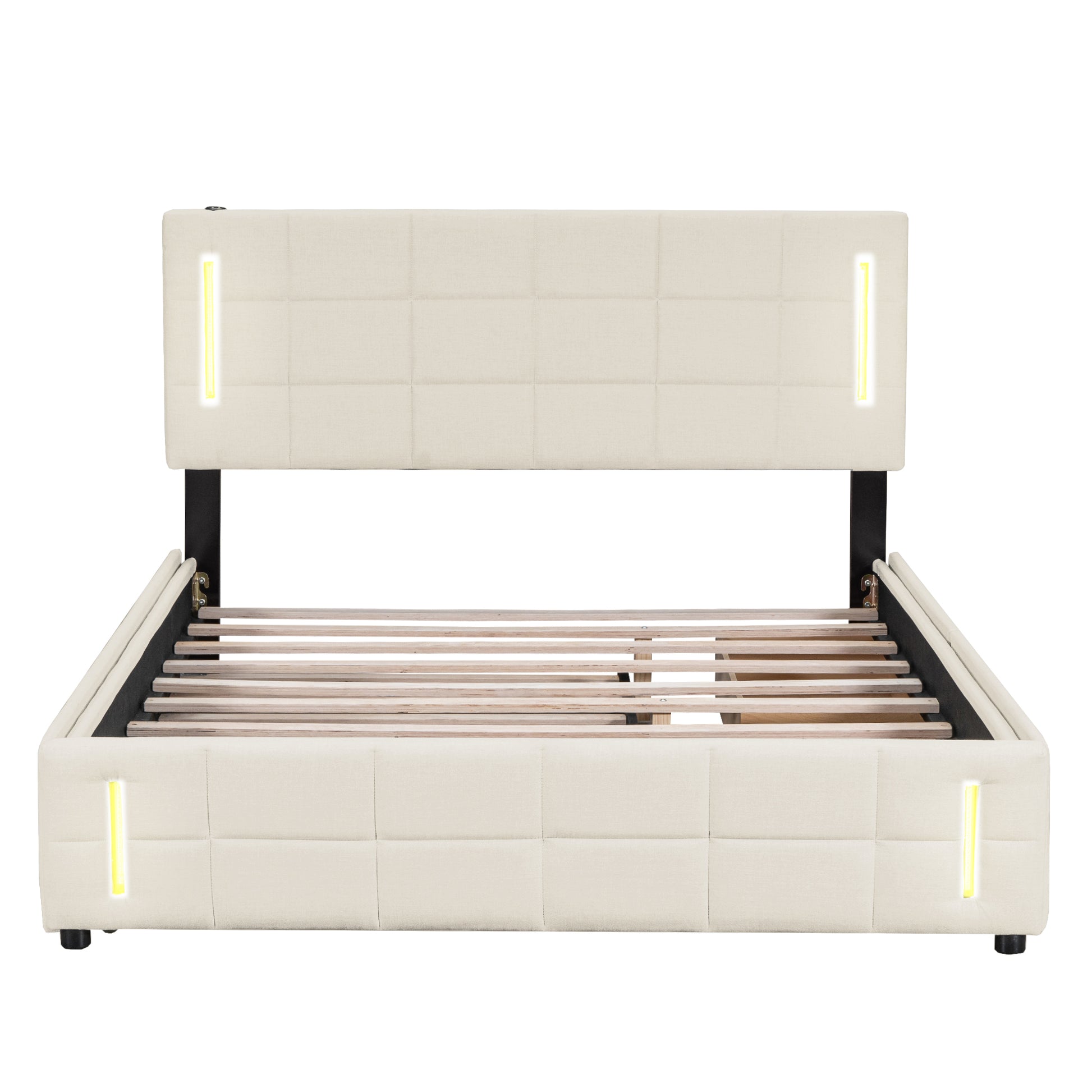 Queen Size Upholstered Platform Bed With Trundle And Drawers, Beige Queen Beige Upholstered