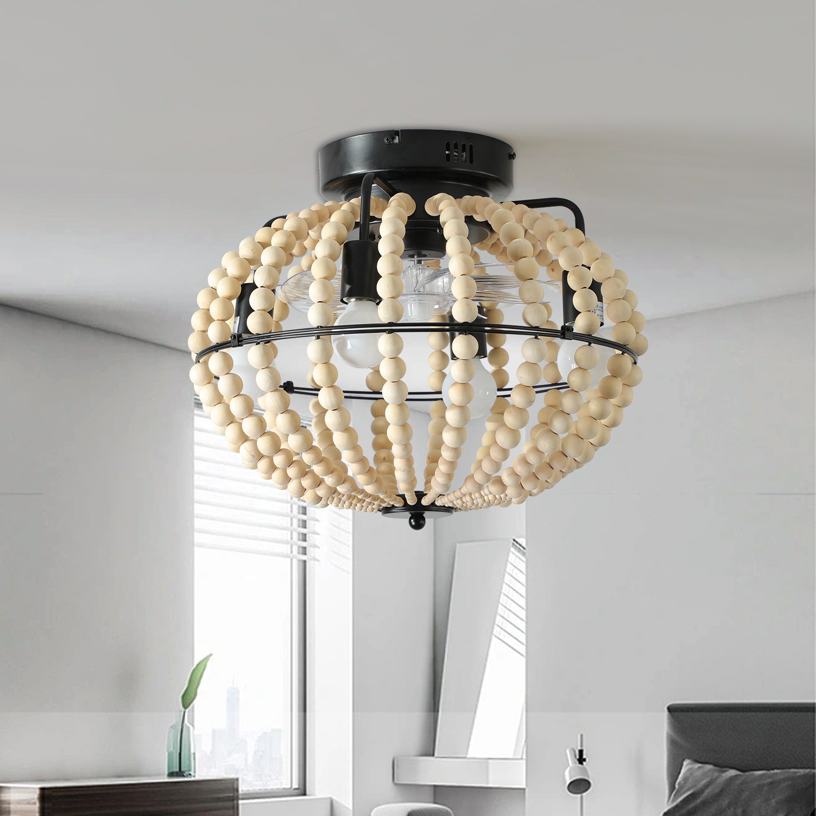 Beaded Fan Lamp Wood Beaded Chandelier Oak White White Modern Iron