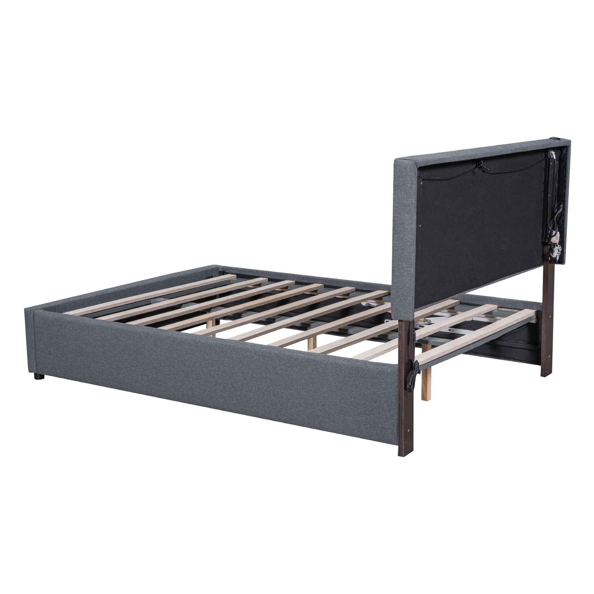 Queen Size Upholstered Bed With Hydraulic Storage System And Led Light, Gray Queen Gray Linen