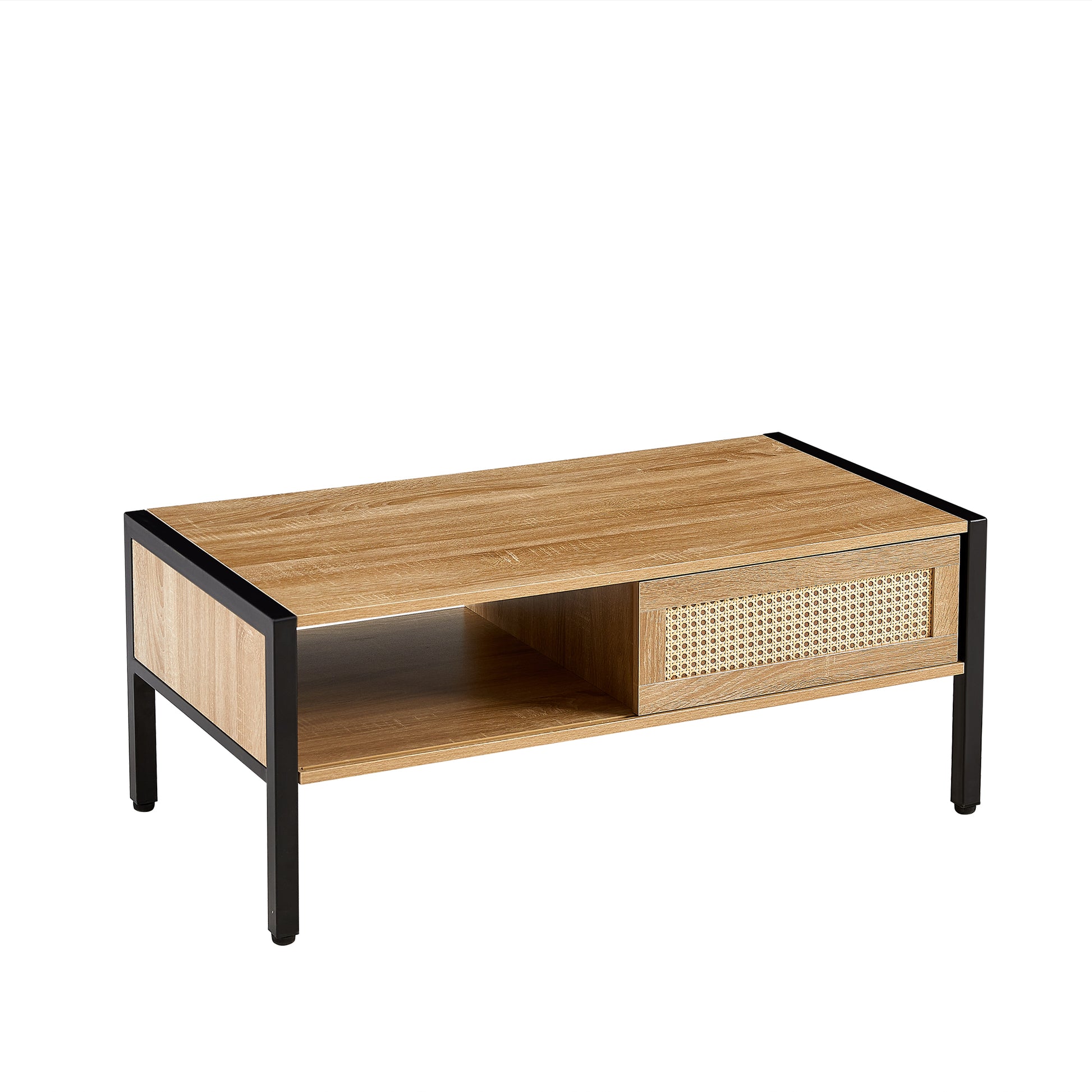 40.16" Rattan Coffee Table, Sliding Door For Storage, Metal Legs, Modern Table For Living Roomnatural Natural Mdf Metal