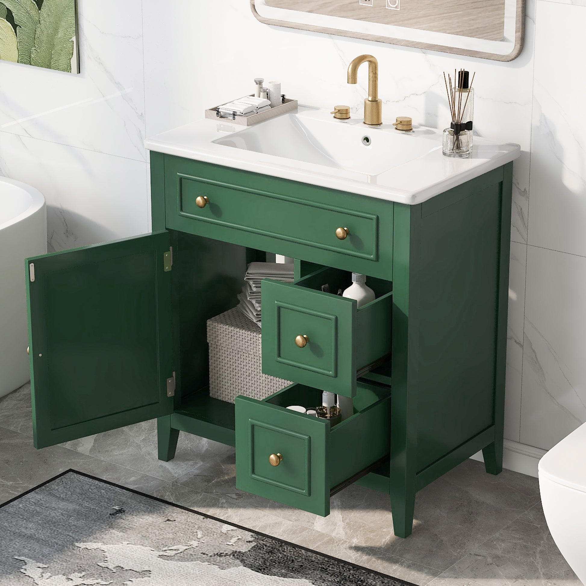 30" Bathroom Vanity With Sink Top, Bathroom Vanity Cabinet With Door And Two Drawers, Solid Wood Frame, One Package, Green Old Sku:Wf311620Aag Green Solid Wood Mdf