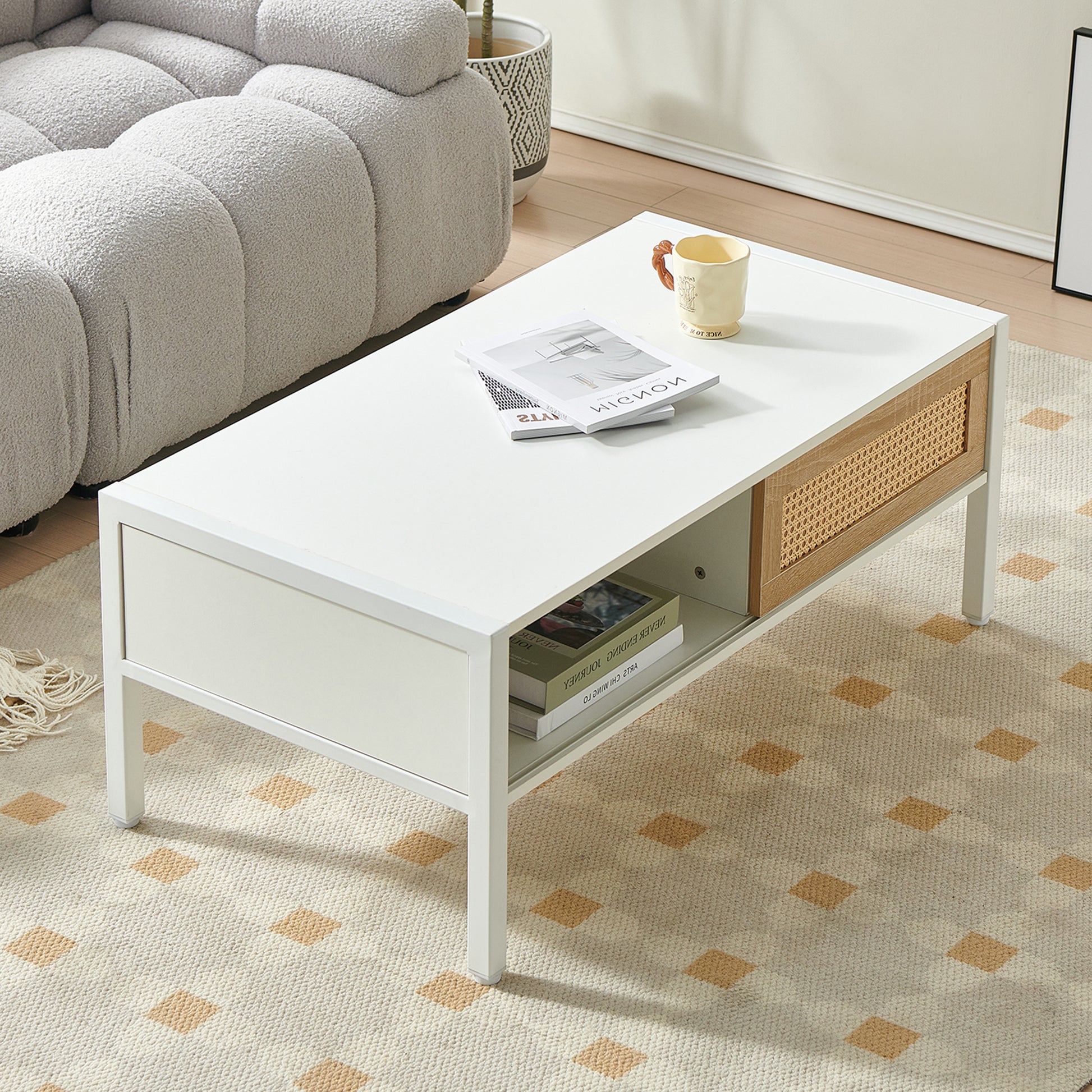 40.16" Rattan Coffee Table, Sliding Door For Storage, Metal Legs, Modern Table For Living Roomwhite White Mdf Metal