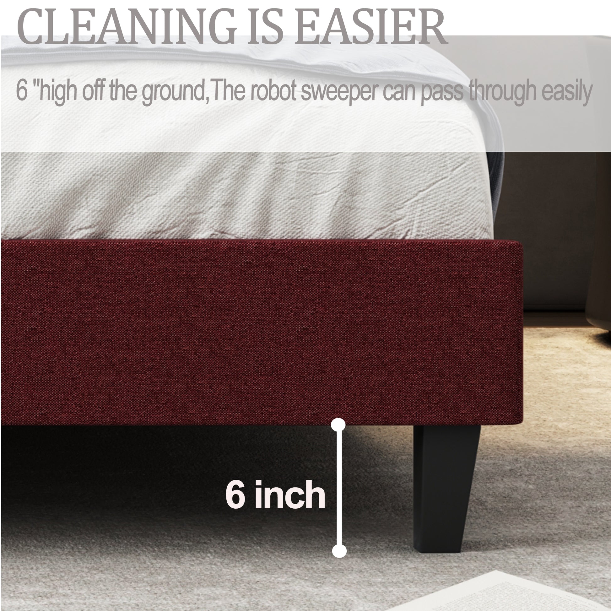 Queen Size Bedframe Upholstered Bed Frame Platform, Non Adjustable Headboard Linen Fabric Headboard Wooden Strip Support No Box Spring Easy Assembly Mattress Base, Orangequeen Queen Red Metal & Wood