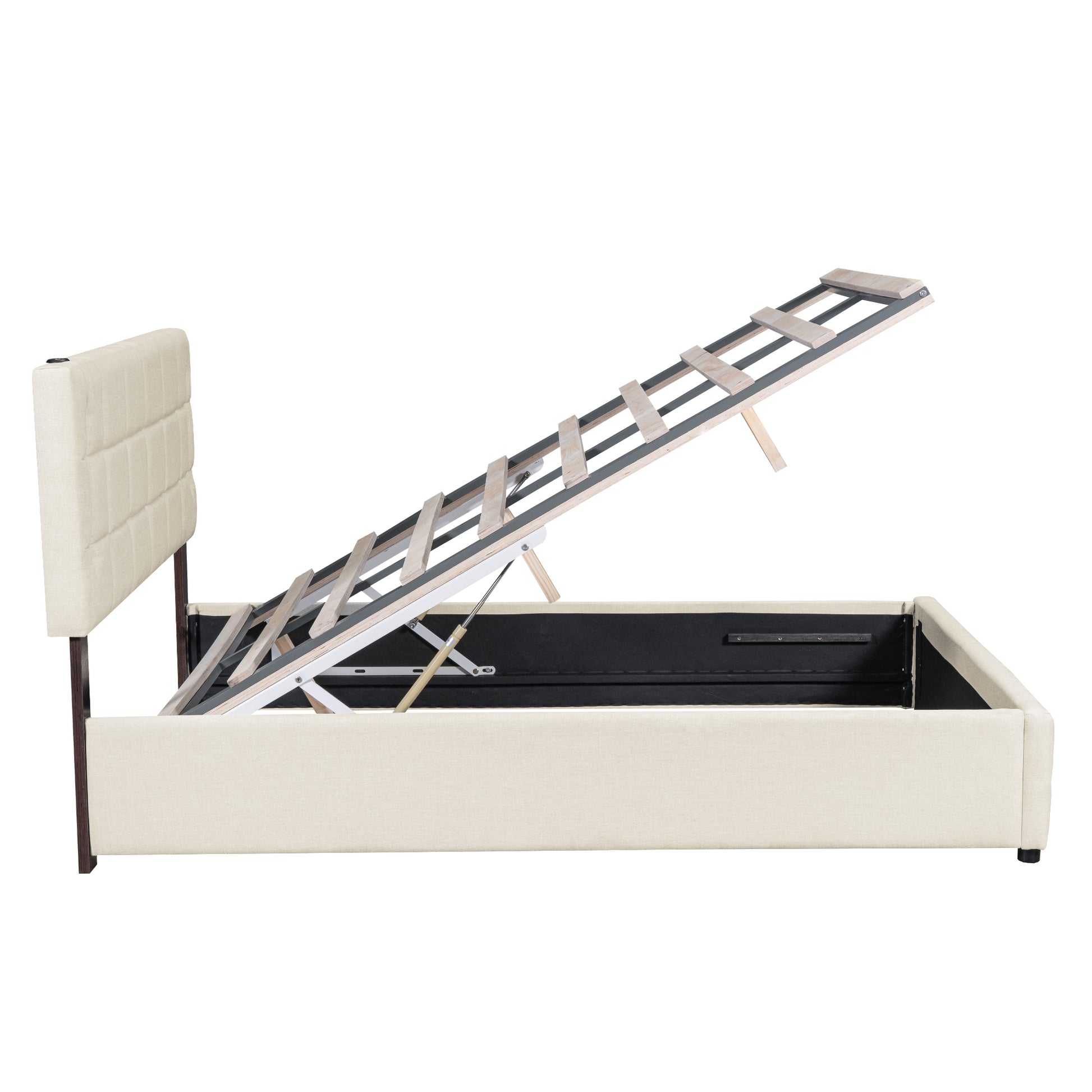 Queen Size Upholstered Bed With Hydraulic Storage System And Led Light, Beige Queen Beige Linen