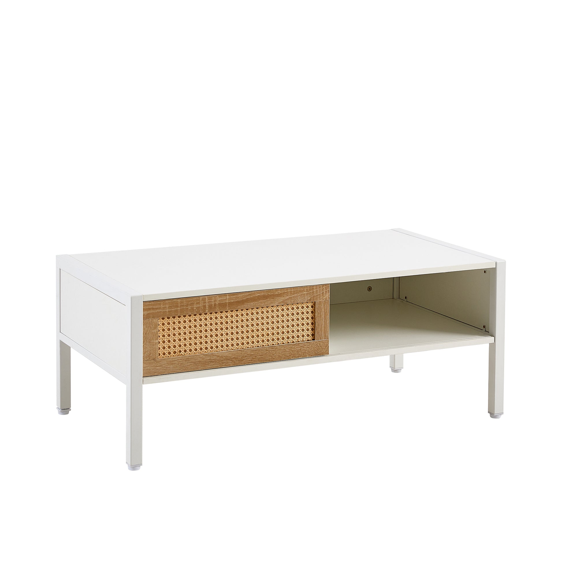 40.16" Rattan Coffee Table, Sliding Door For Storage, Metal Legs, Modern Table For Living Roomwhite White Mdf Metal