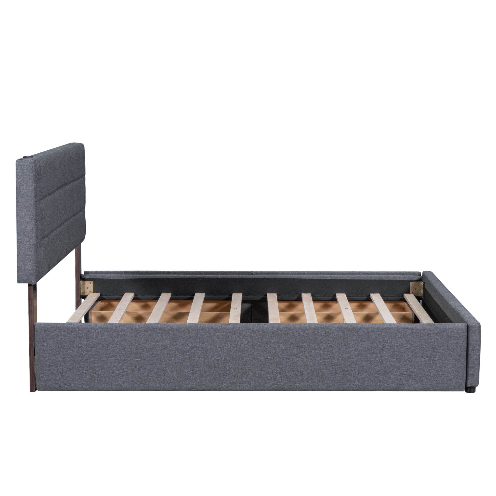 Queen Size Upholstered Platform Bed With Trundle And Drawers, Gray Queen Gray Upholstered