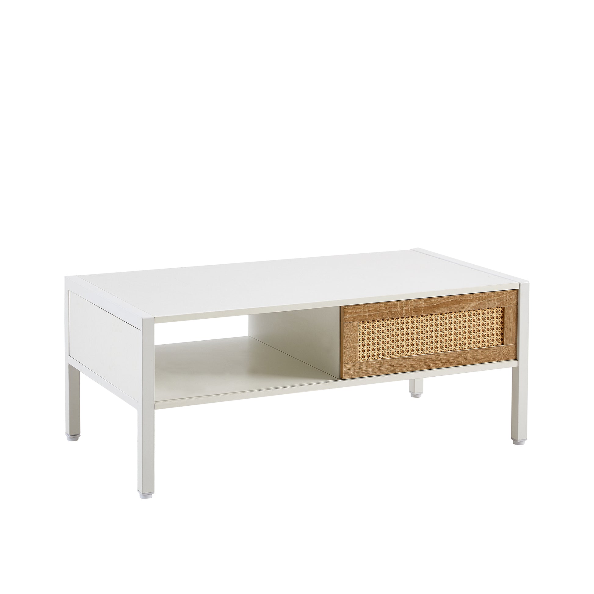 40.16" Rattan Coffee Table, Sliding Door For Storage, Metal Legs, Modern Table For Living Roomwhite White Mdf Metal