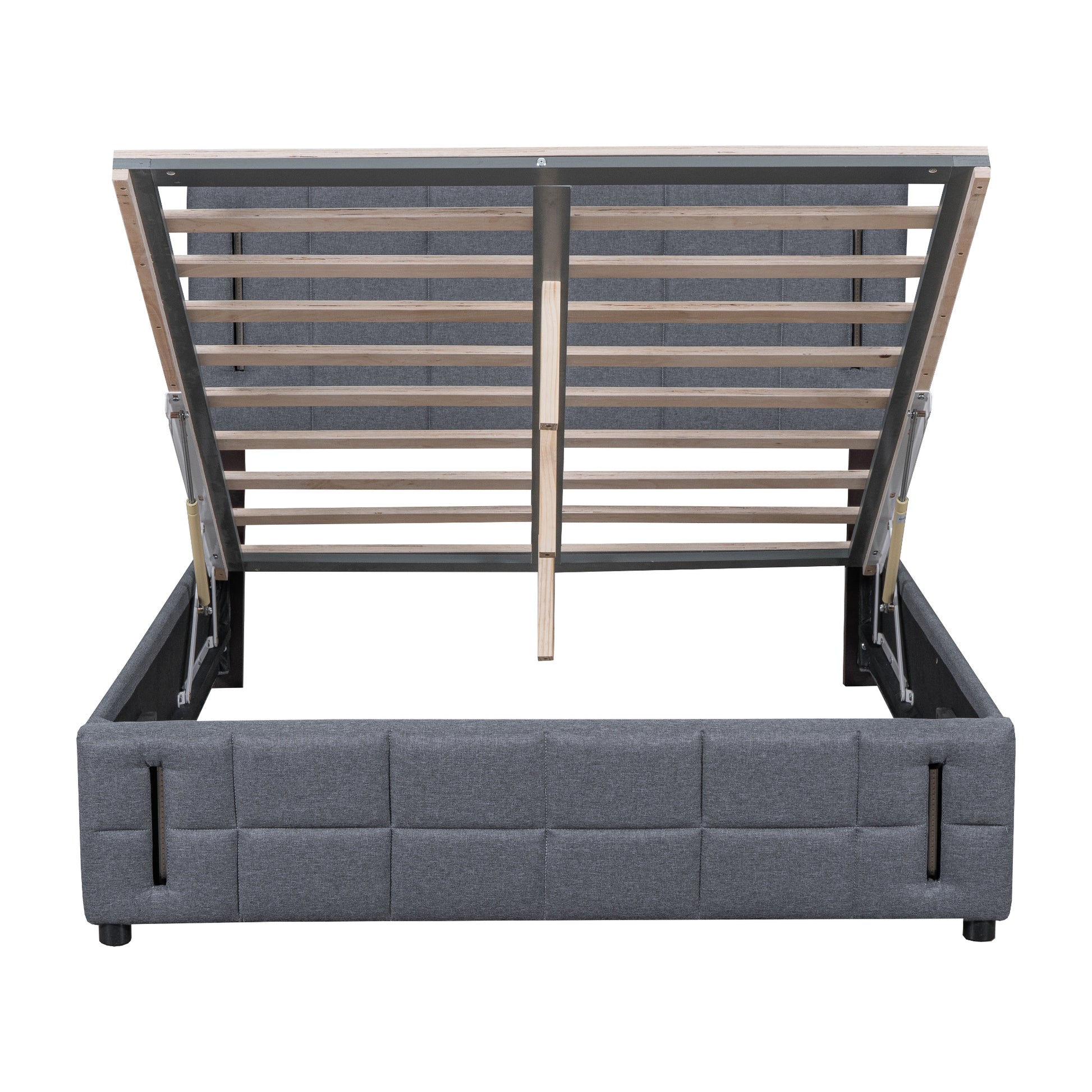 Queen Size Upholstered Bed With Hydraulic Storage System And Led Light, Gray Queen Gray Linen