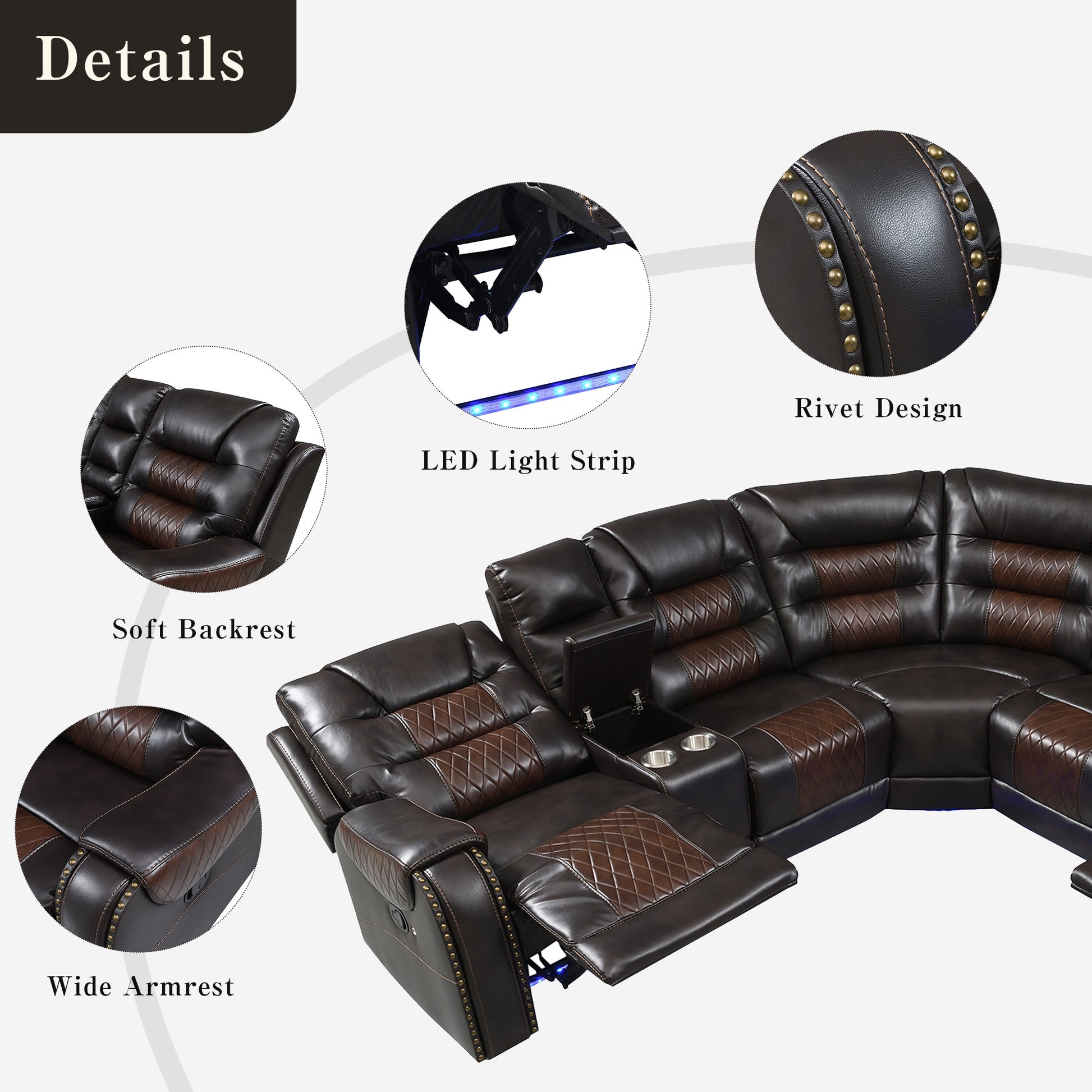 112.2" Manual Reclining Sectional Sofa Set L Shaped Symmetrical Motion Sofa Corner Couch Sets With Storage Boxes, 4 Cup Holders And Led Light Strip For Living Room, Brown Brown Foam Pu Leather 5 Seat