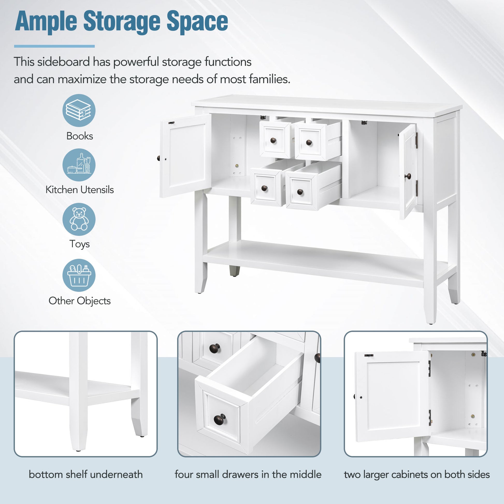 Cambridge Series Large Storage Vintage Console Table With Four Small Drawers And Bottom Shelf For Living Rooms, Entrances And Kitchens White, Old Sku: Wf190263Aaa White Solid Wood Mdf