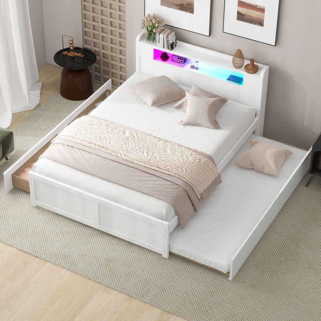 Queen Size Wood Storage Platform Bed With Led, 2 Drawers And 1 Twin Size Trundle, White Box Spring Not Required Queen White Wood Bedroom Bed Frame Solid Wood Mdf