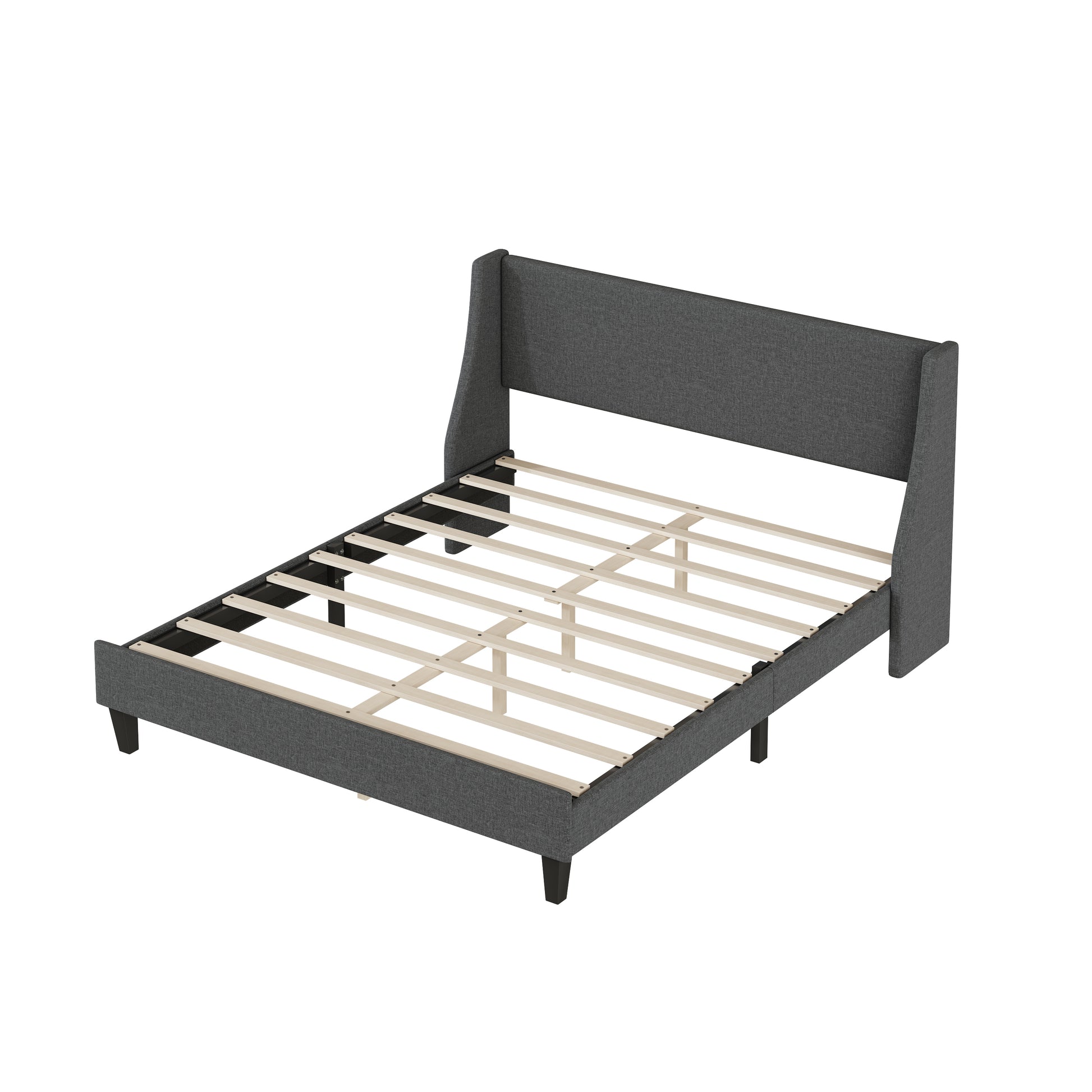 Queen Size Bed Frame Upholstered Bed Frame Platform ,Non Adjustable Headboard Linen Fabric Headboard Wooden Slats Support No Box Spring Needed Easy Assembly Mattress Foundation, Light Gray Queen Dark Gray Metal & Wood