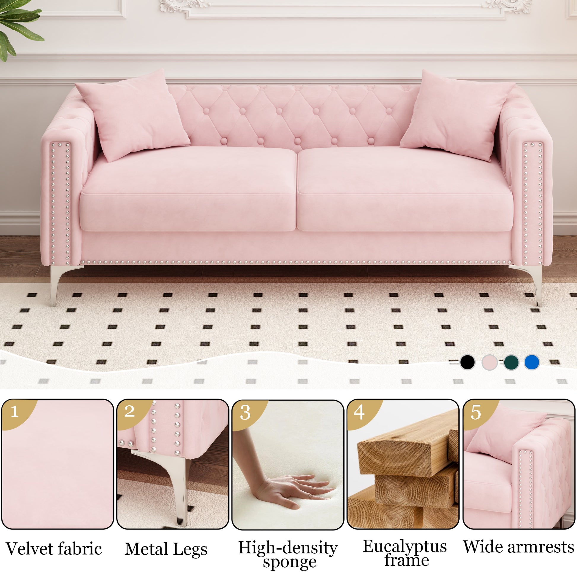 Sofa Includes 2 Pillows, 83 "Pink Velvet Triple Sofa, Suitable For Large And Small Spaces Pink Velvet
