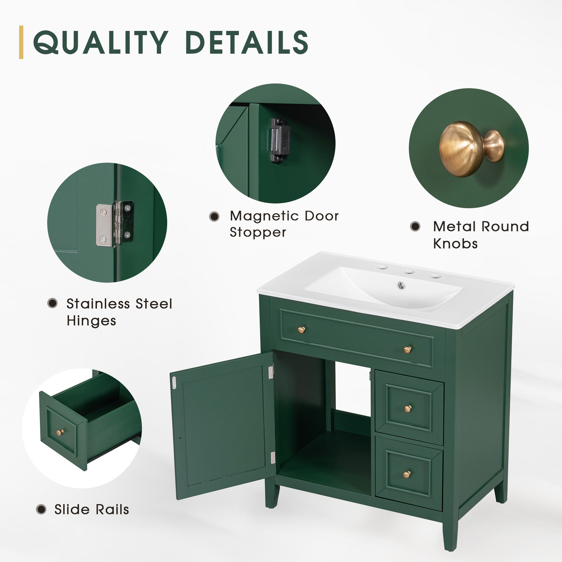 30" Bathroom Vanity With Sink Top, Bathroom Vanity Cabinet With Door And Two Drawers, Solid Wood Frame, One Package, Green Old Sku:Wf311620Aag Green Solid Wood Mdf