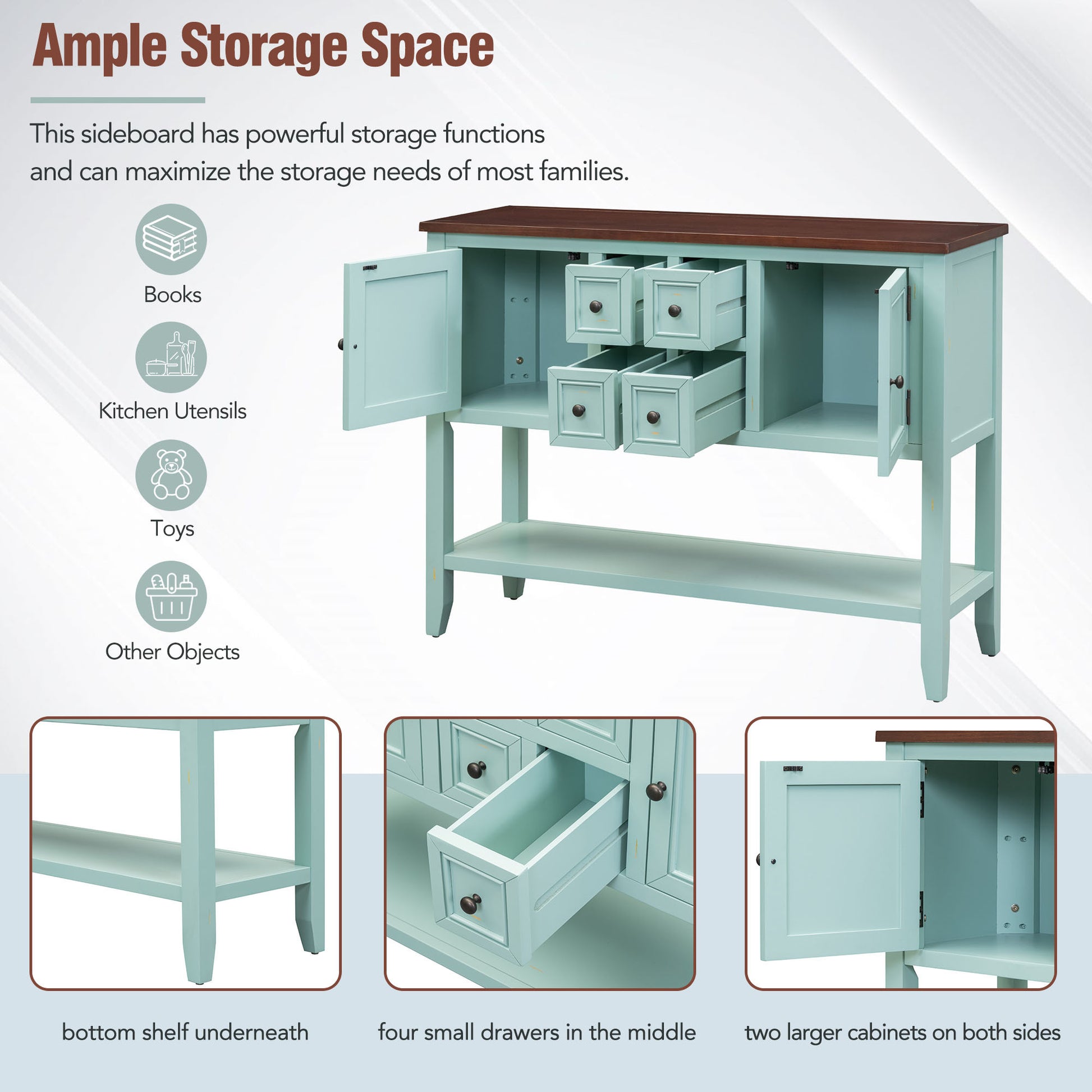 Cambridge Series Large Storage Vintage Console Table With Four Small Drawers And Bottom Shelf For Living Rooms, Entrances And Kitchens Retro Blue, Old Sku: Wf190263Aac Retro Blue Solid Wood Mdf