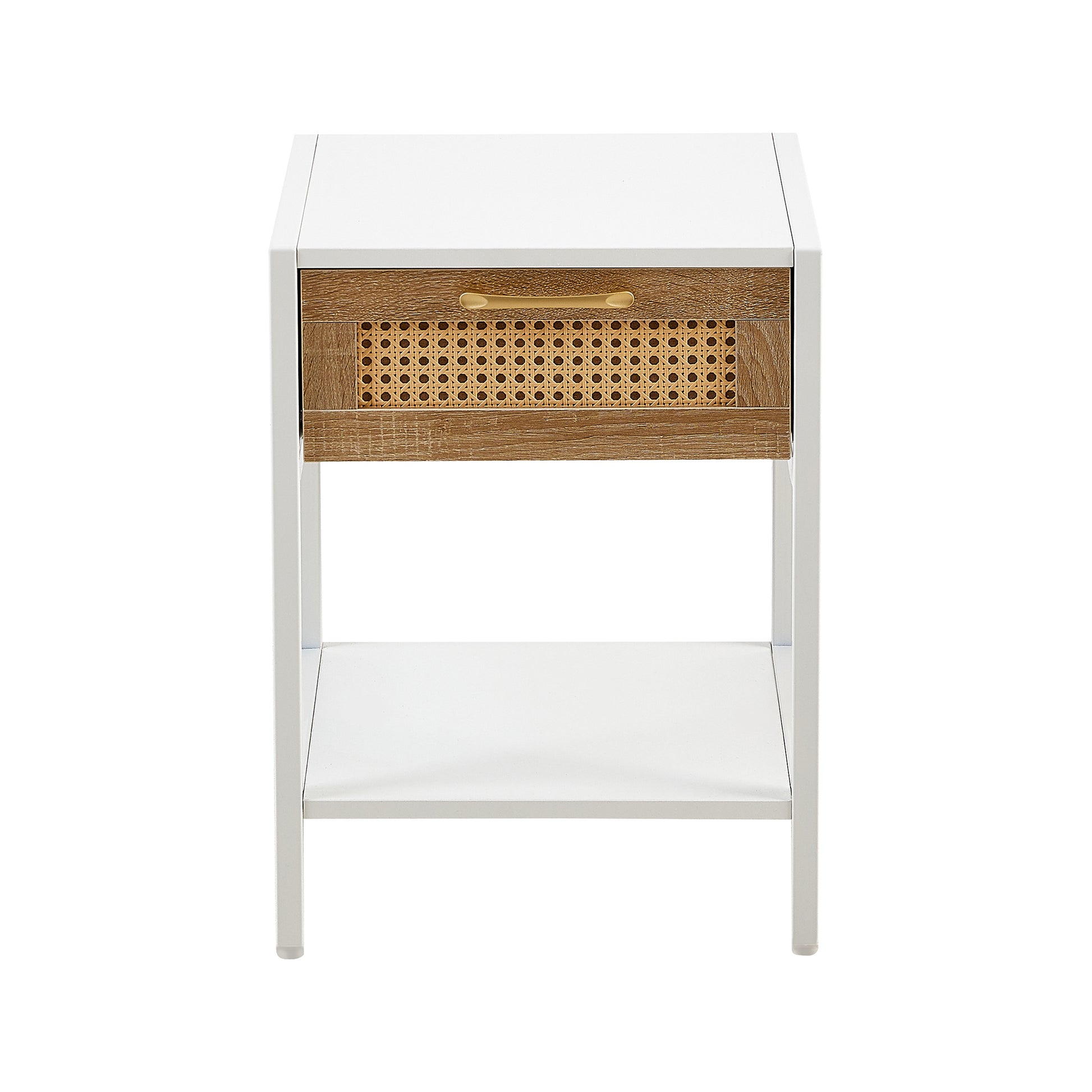 15.74" Rattan End Table With Drawer, Modern Nightstand, Metal Legs,Side Table For Living Room, Bedroom,White 1 Pc White Mdf Metal