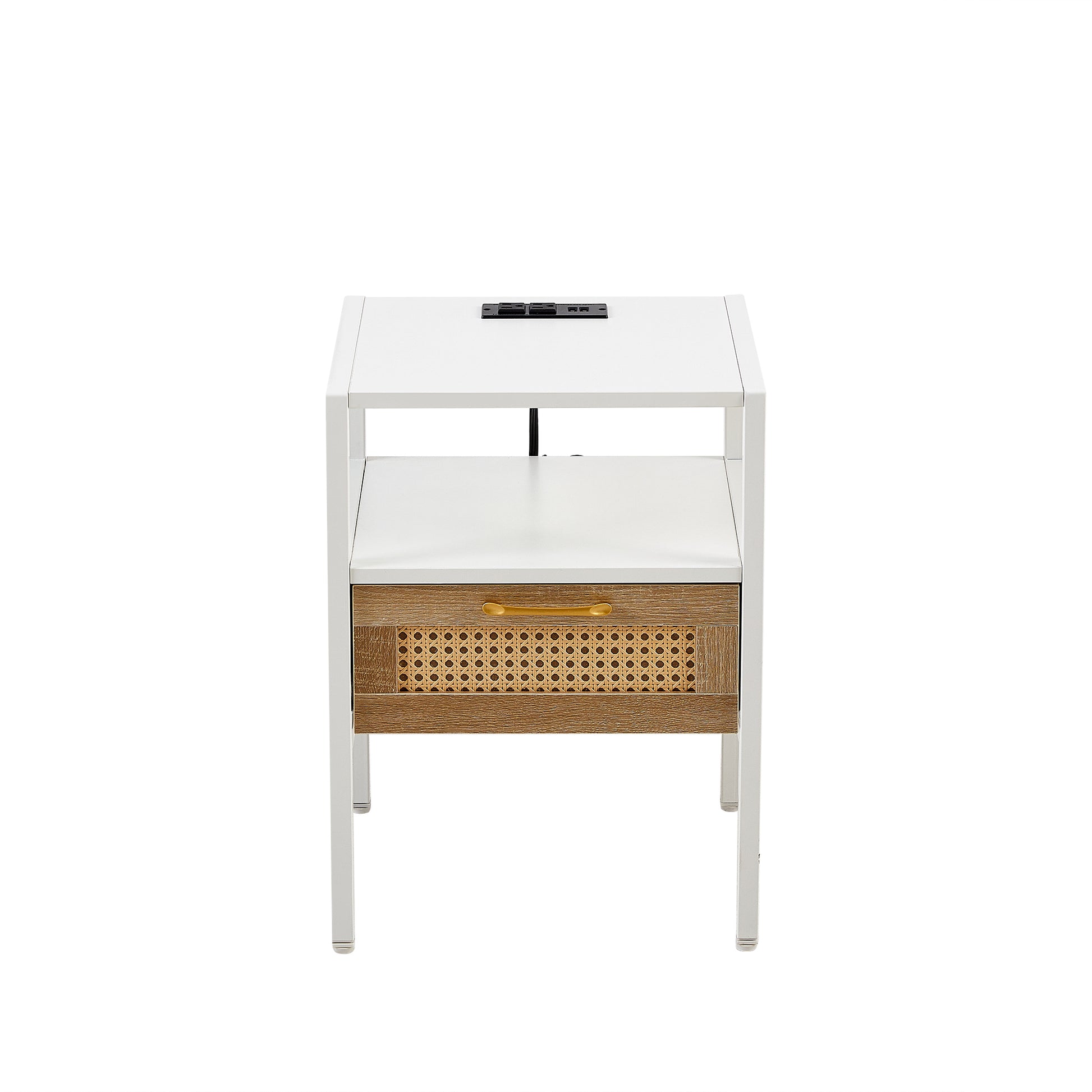 Set Of 2, 15.75" Rattan End Table With Power Outlet & Usb Portsmodern Nightstand With Drawer And Metal Legs, Side Table For Living Room, Bedroom,White White Mdf Metal