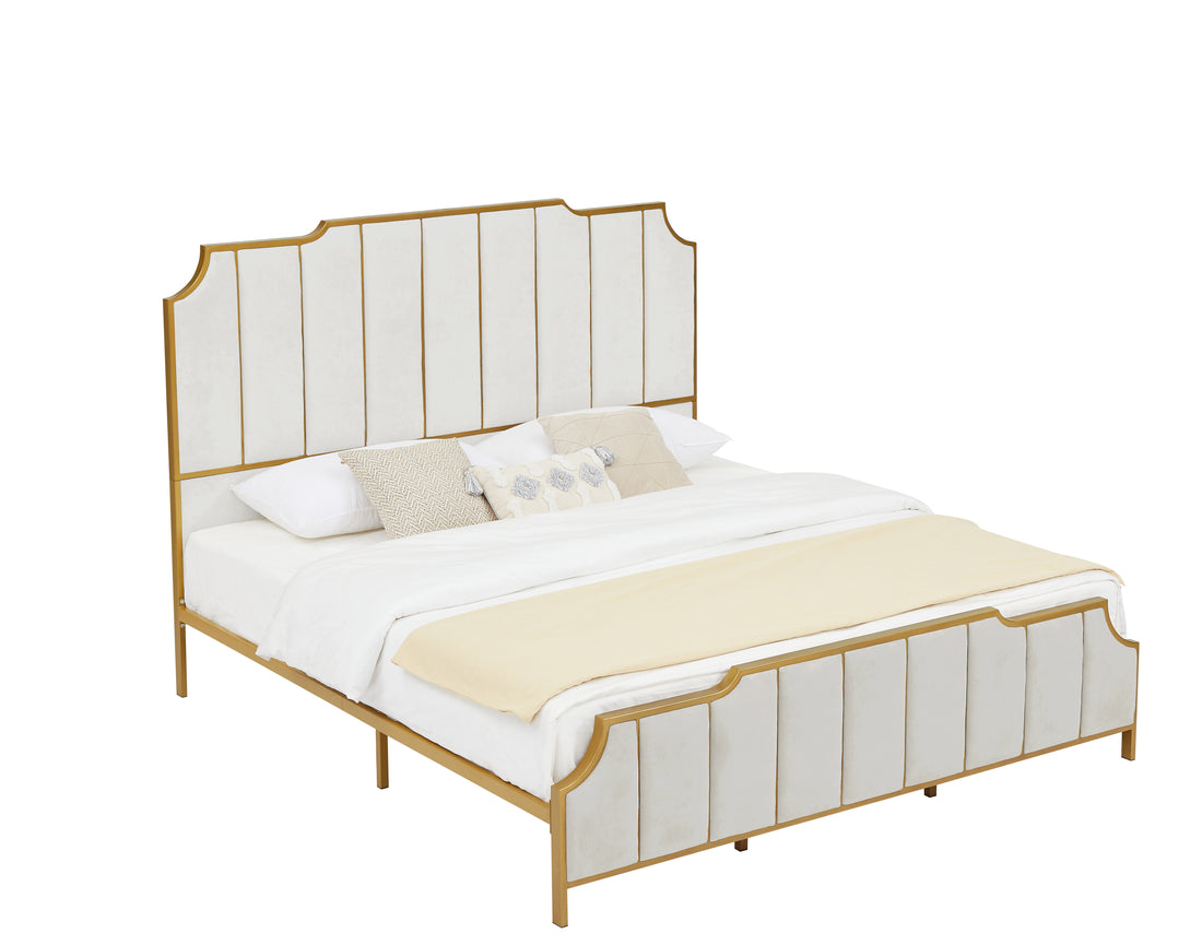 King Size Bed Frame,Upholstered Platform Bed & High Headboard With Wood Slat Support,No Box Spring Needed,Easy Assembly, Velvet White Box Spring Not Required King White Metal Bedroom Bed Frame Velvet Metal