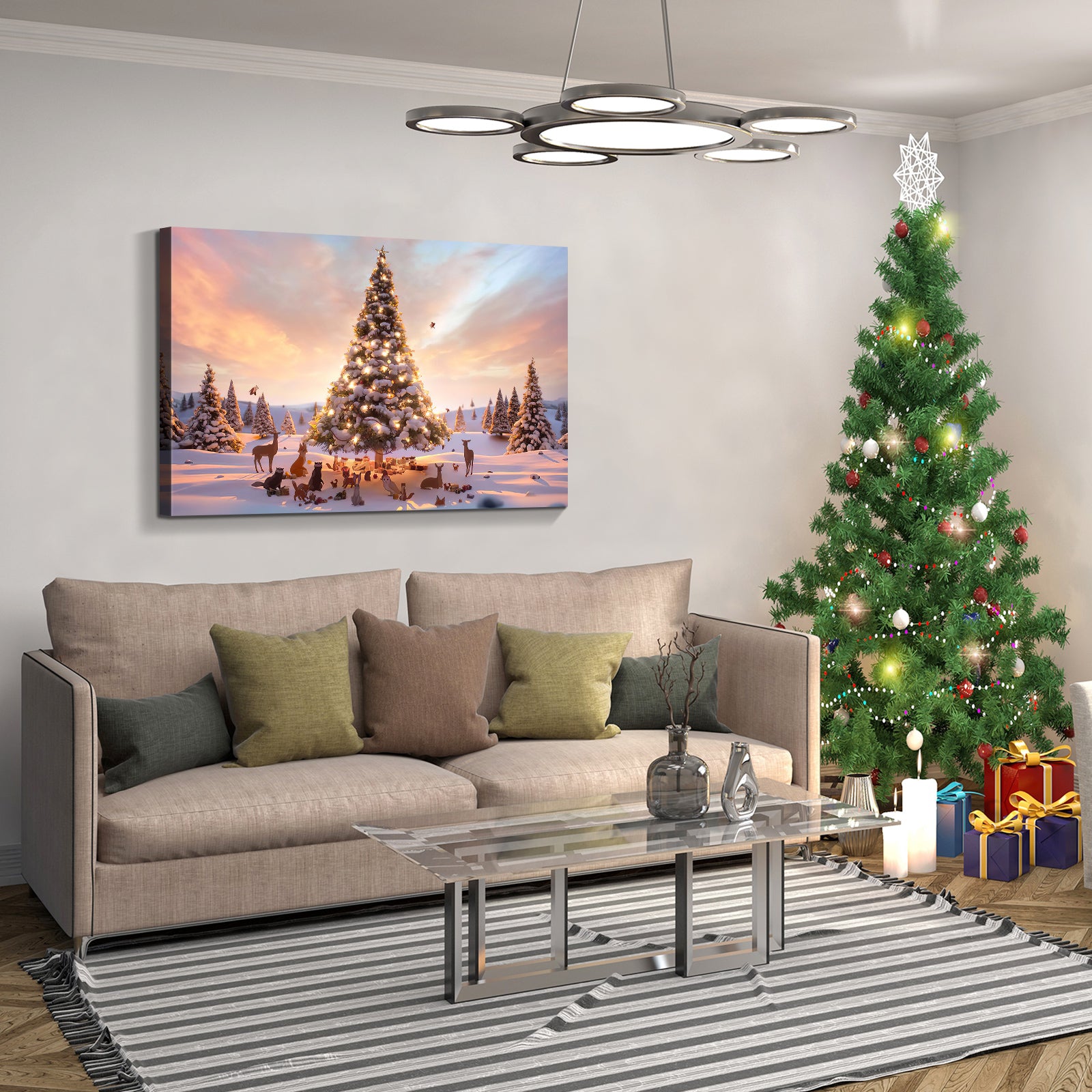 Framed Canvas Wall Art Decor Painting For Chrismas, Lighted Pine Tree At Night Chrismas Gift Painting For Chrismas Gift, Decoration For Chrismas Eve Living Room, Bedroom Decor 1812In Thickness 1.5In Rectangle Framed Multicolor Christmas Oversized 41In