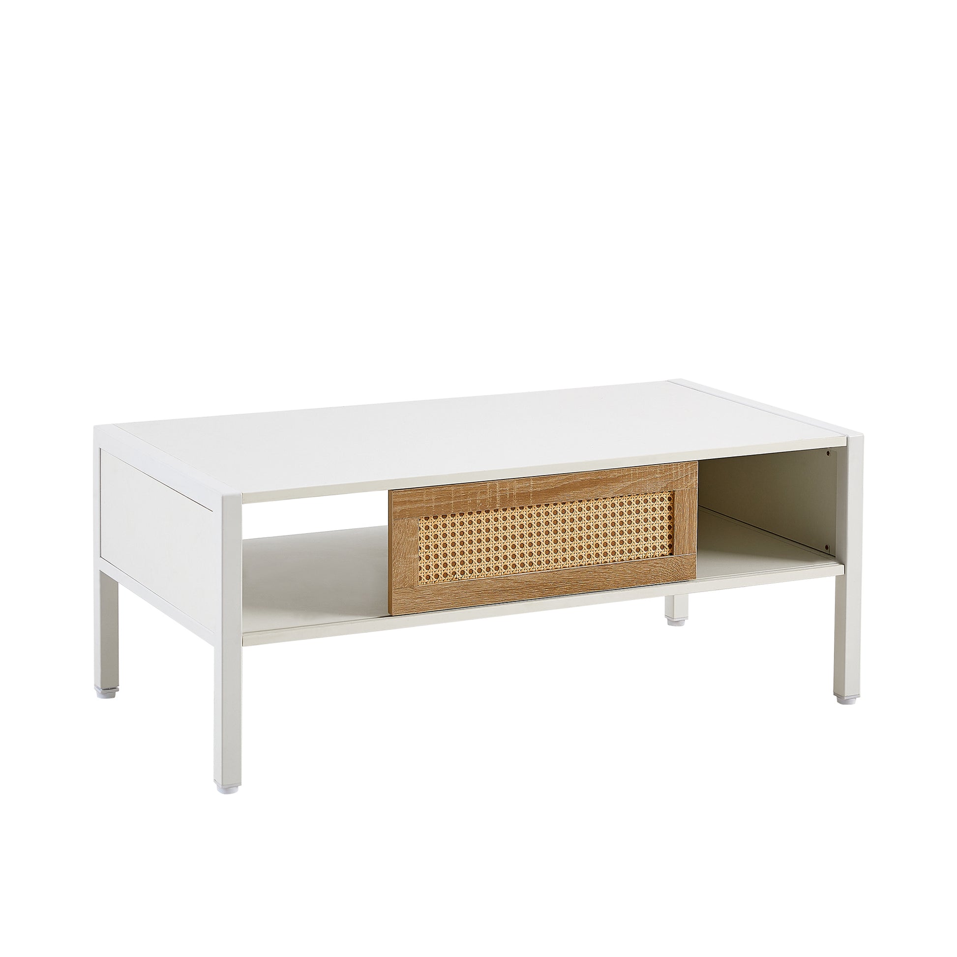 40.16" Rattan Coffee Table, Sliding Door For Storage, Metal Legs, Modern Table For Living Roomwhite White Mdf Metal