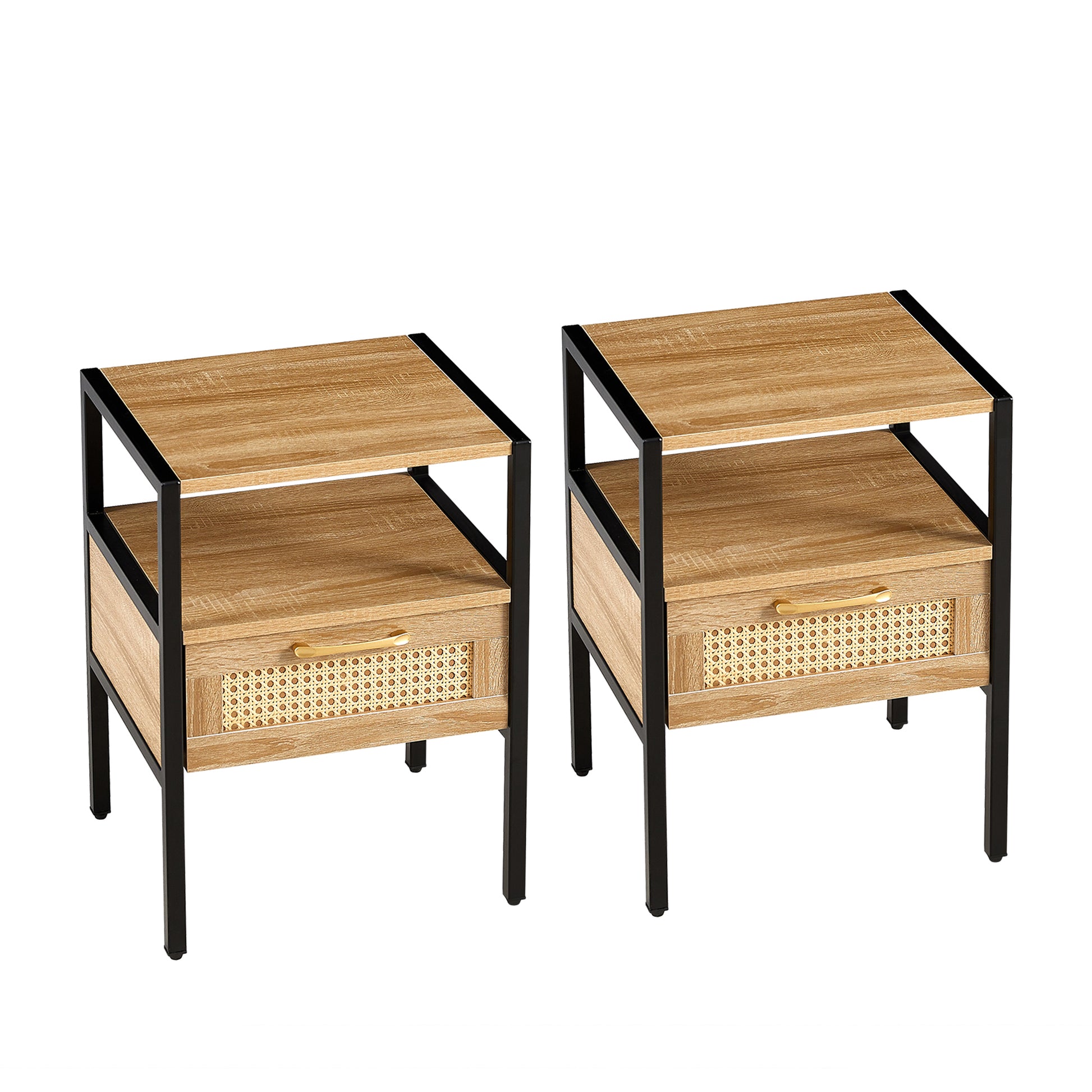 Set Of 2, 15.75" Rattan End Table With Drawer, Modern Nightstand, Metal Legs,Side Table For Living Room, Bedroom,Natural Natural Mdf Metal