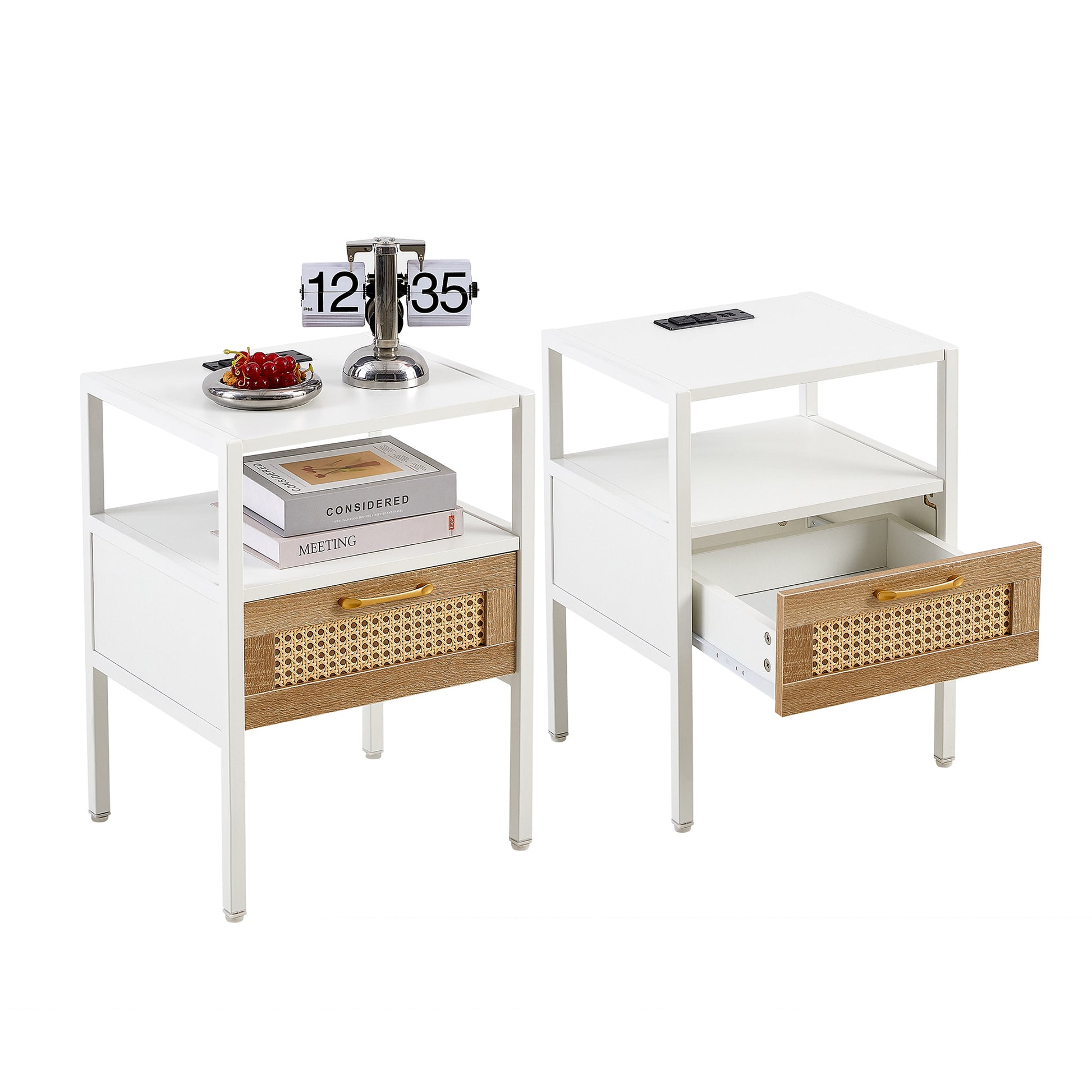 Set Of 2, 15.75" Rattan End Table With Power Outlet & Usb Portsmodern Nightstand With Drawer And Metal Legs, Side Table For Living Room, Bedroom,White White Mdf Metal