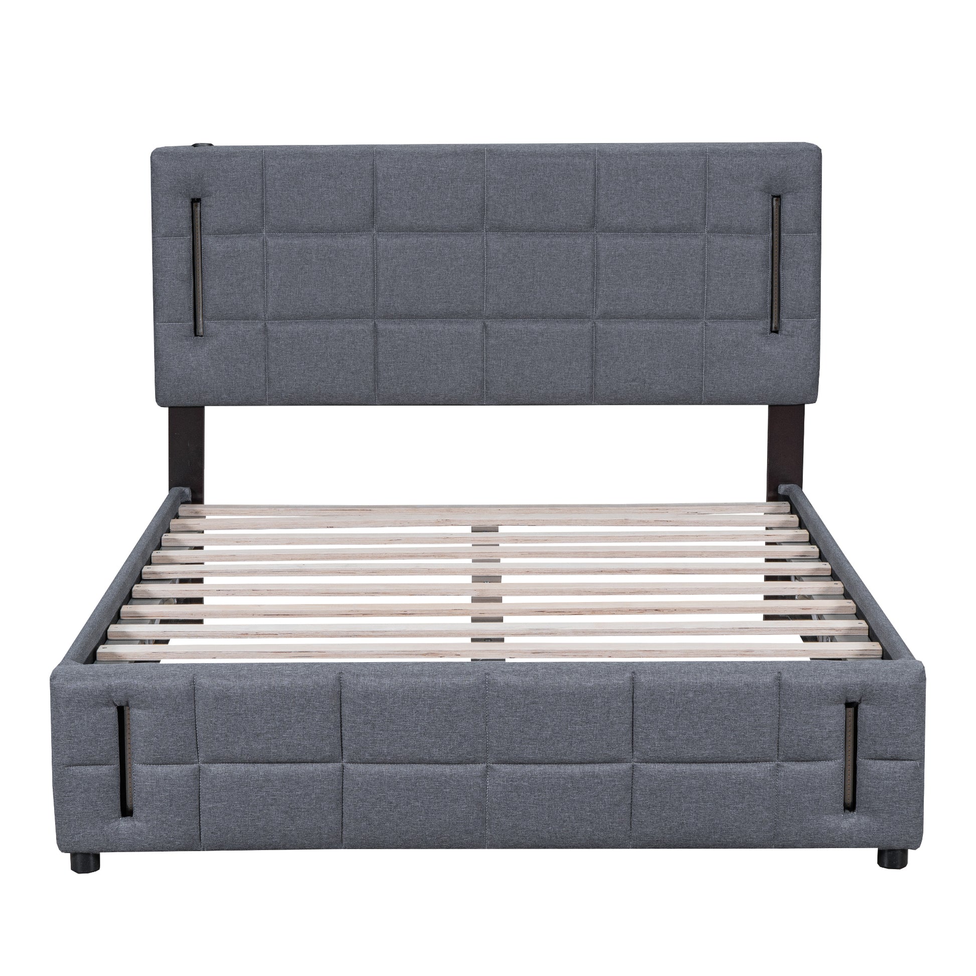 Queen Size Upholstered Bed With Hydraulic Storage System And Led Light, Gray Queen Gray Linen