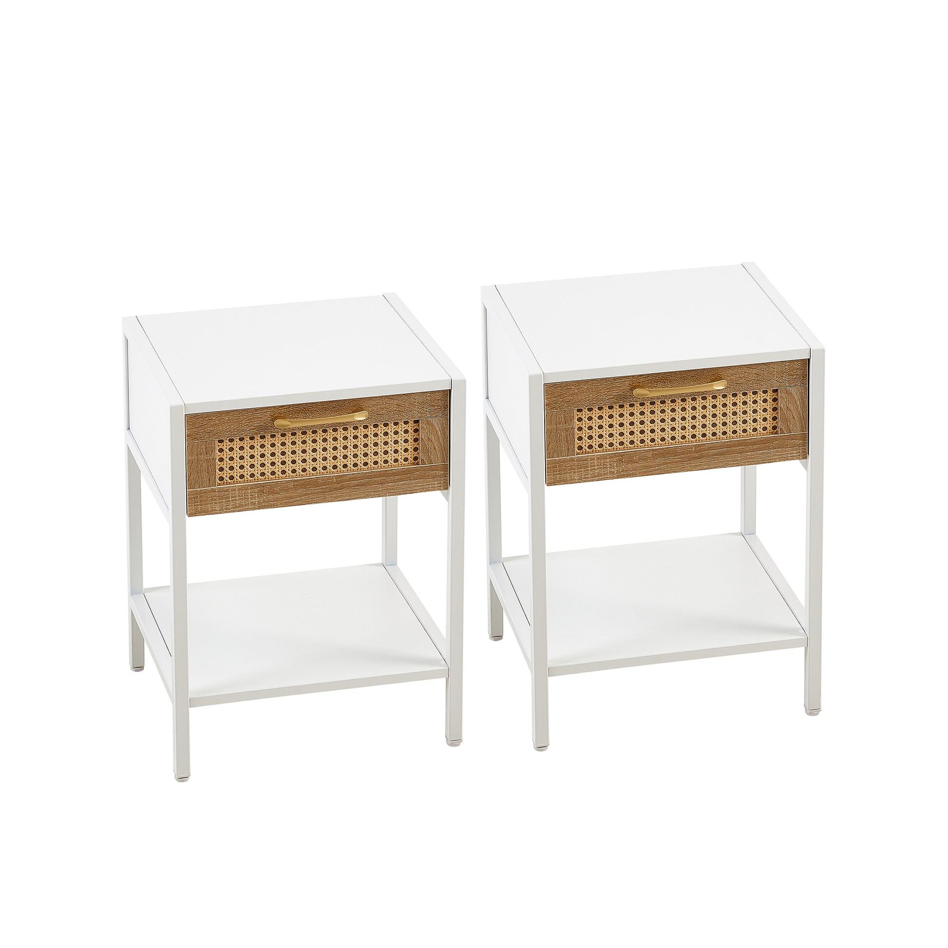 Set Of 2, 15.74" Rattan End Table With Drawer, Modern Nightstand, Metal Legs,Side Table For Living Room, Bedroom,White White Mdf Metal