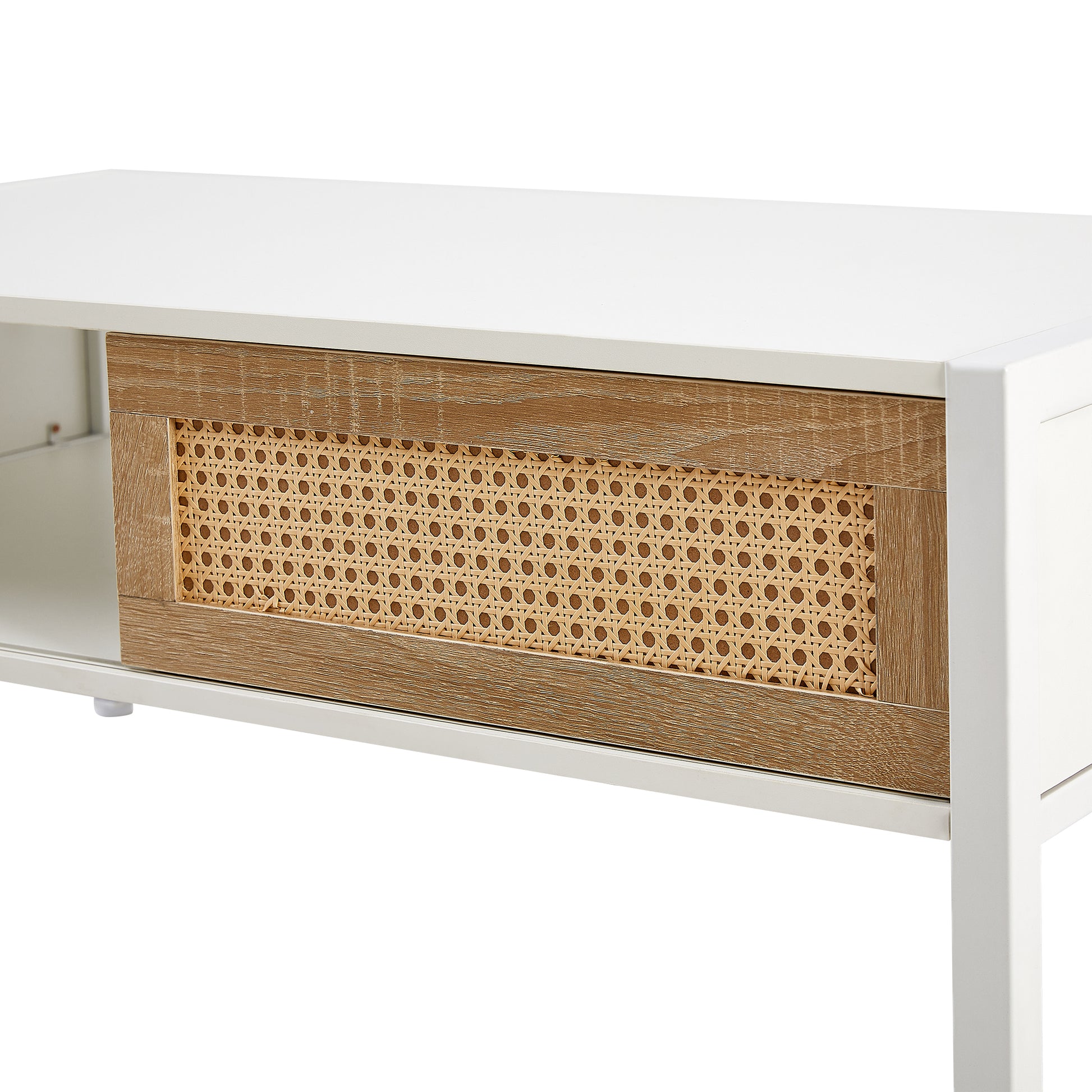 40.16" Rattan Coffee Table, Sliding Door For Storage, Metal Legs, Modern Table For Living Roomwhite White Mdf Metal