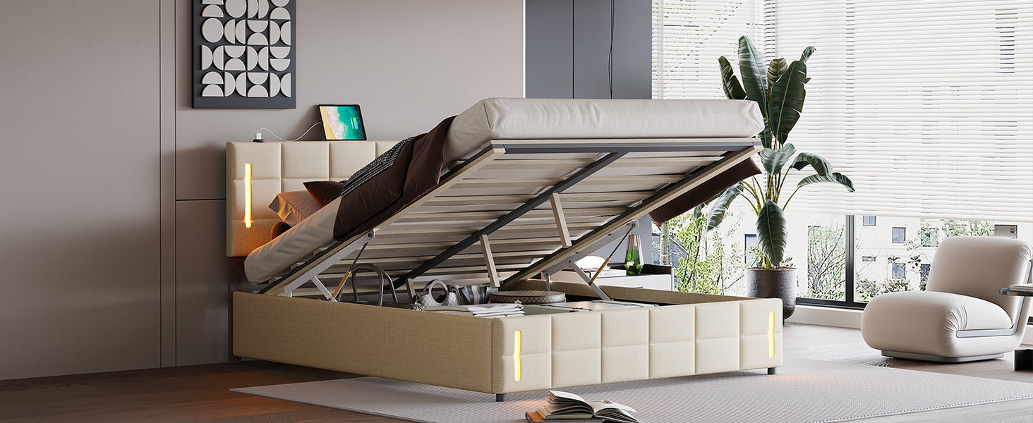 Queen Size Upholstered Bed With Hydraulic Storage System And Led Light, Beige Queen Beige Linen