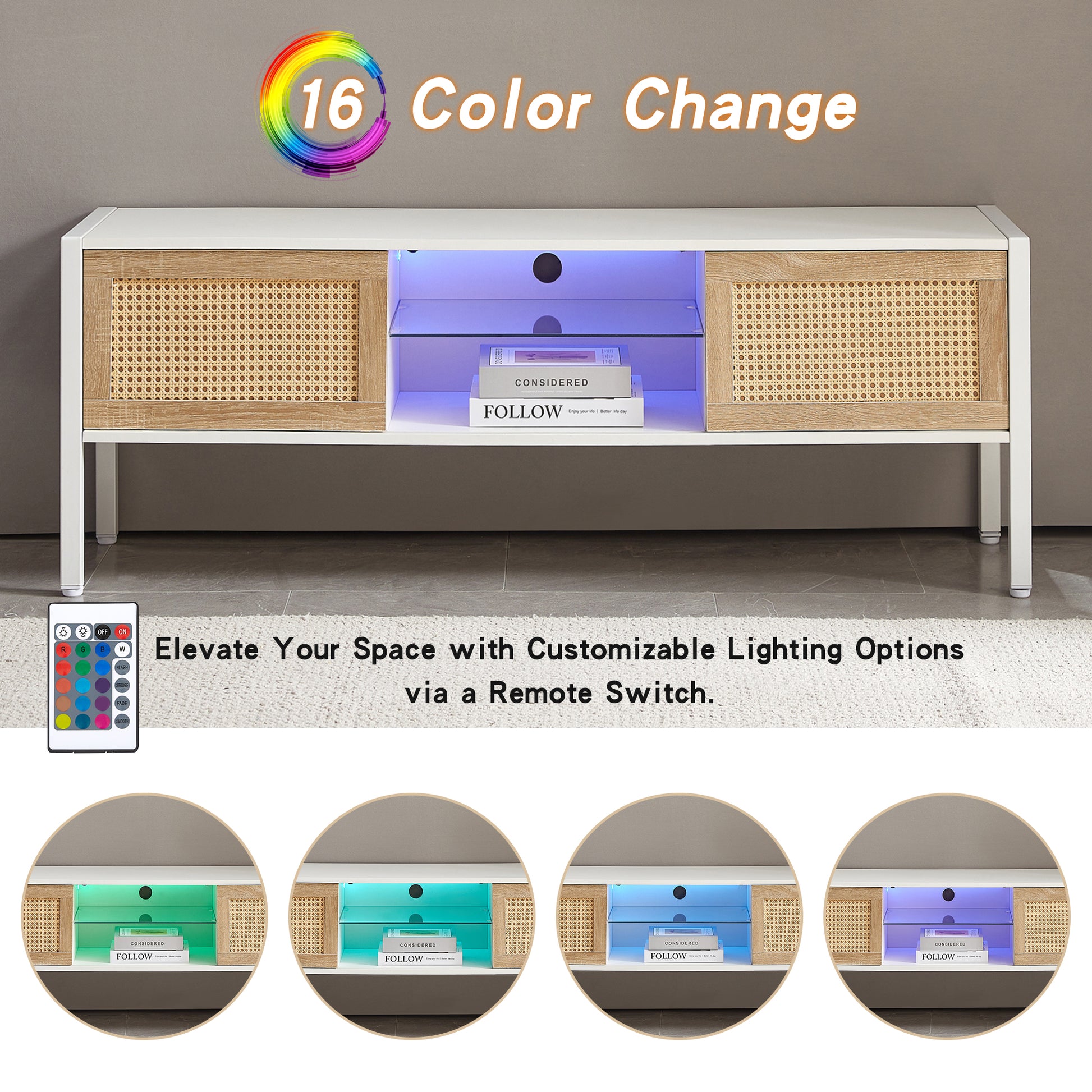 54.33" Rattan Tv Cabinet With Variable Color Light Strip, Double Sliding Doors For Storage, Adjustable Shelf, Metal Legs, Tv Console For Living Room ,White White Mdf Metal