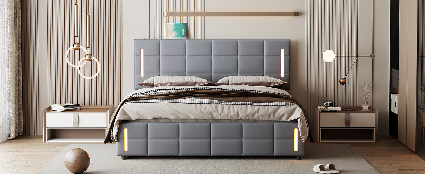 Full Size Upholstered Bed With Hydraulic Storage System And Led Light, Gray Full Gray Linen