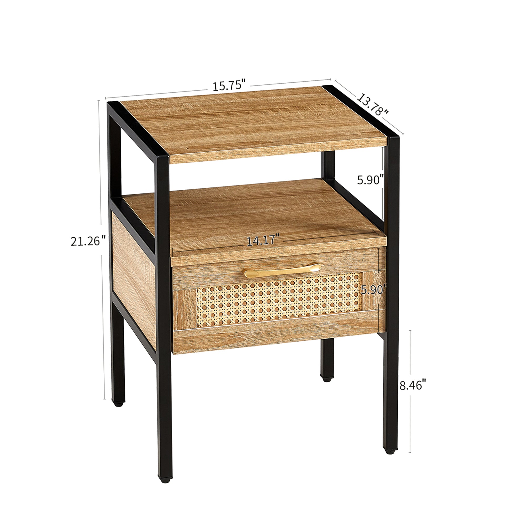 15.75" Rattan End Table With Drawer, Modern Nightstand, Metal Legs,Side Table For Living Room, Bedroom,Natural 1 Pc Natural Mdf Metal