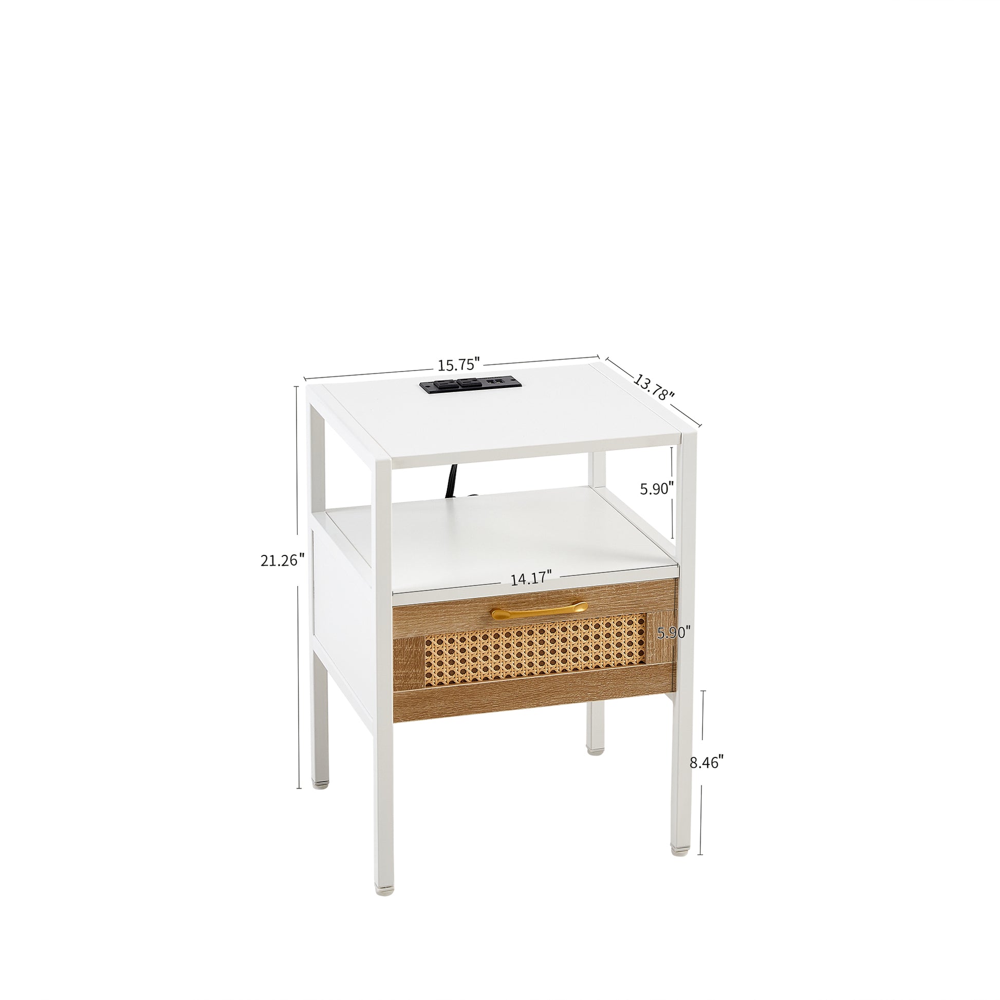 Set Of 2, 15.75" Rattan End Table With Power Outlet & Usb Portsmodern Nightstand With Drawer And Metal Legs, Side Table For Living Room, Bedroom,White White Mdf Metal