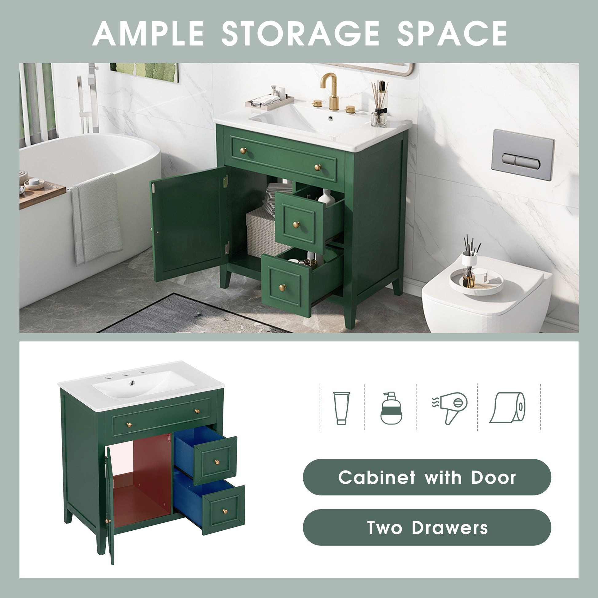 30" Bathroom Vanity With Sink Top, Bathroom Vanity Cabinet With Door And Two Drawers, Solid Wood Frame, One Package, Green Old Sku:Wf311620Aag Green Solid Wood Mdf