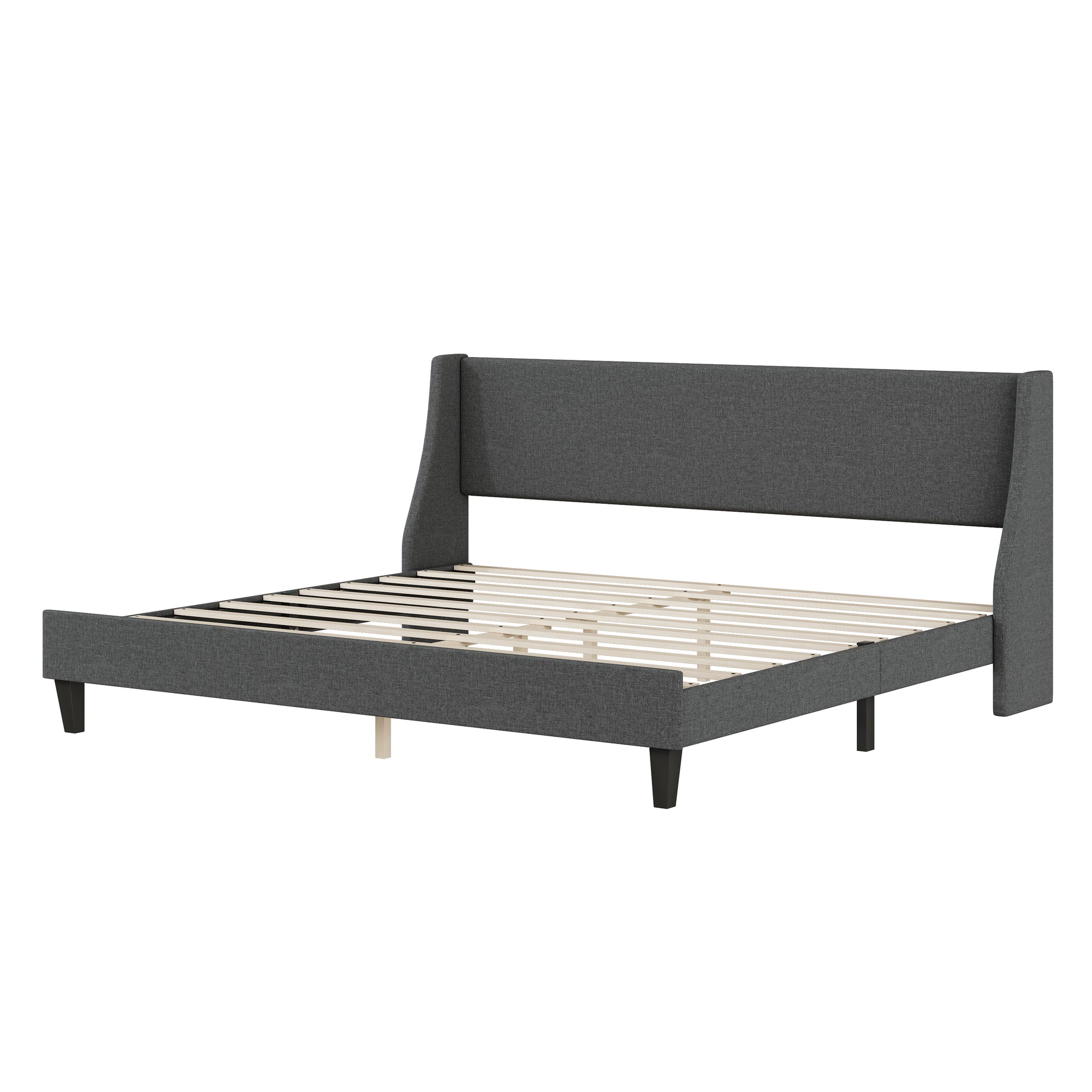 King Size Bed Frame Upholstered Bed Frame Platform ,Non Adjustable Headboard Linen Fabric Headboard Wooden Slats Support No Box Spring Needed Easy Assembly Mattress Foundation, Drak Gray King Dark Gray Metal & Wood