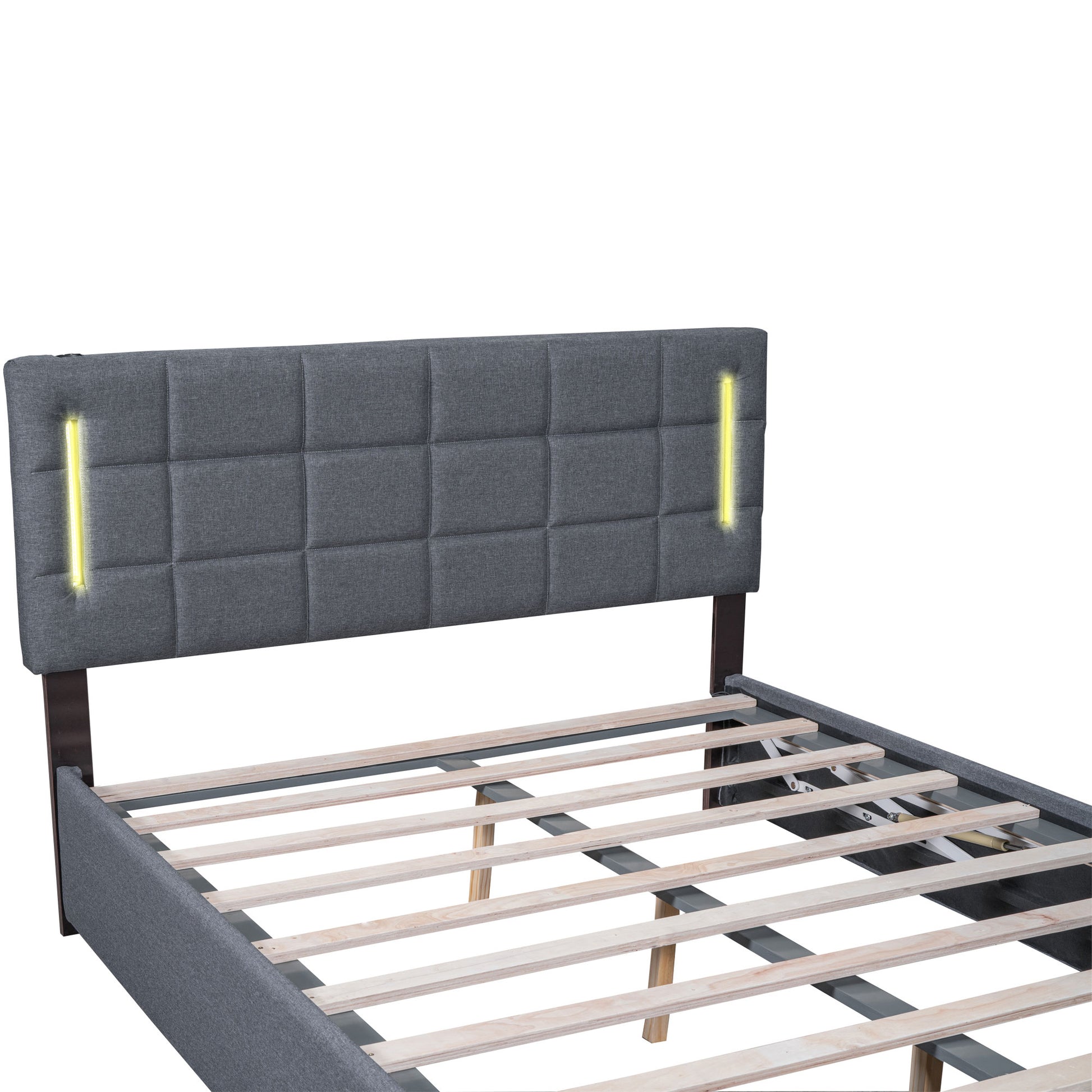 Full Size Upholstered Bed With Hydraulic Storage System And Led Light, Gray Full Gray Linen