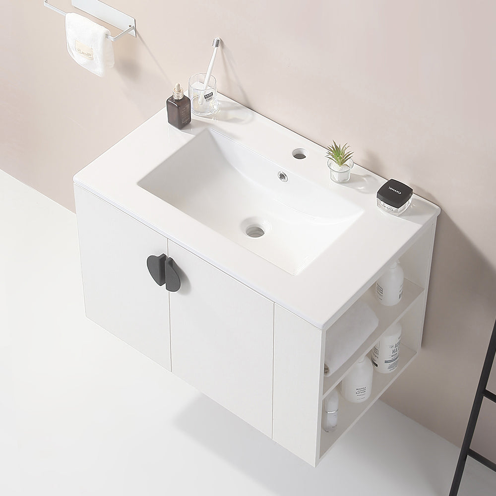 30" Bathroom Vanity With Sink,With Two Doors Cabinet Bathroom Vanity Set With Side Right Open Storage Shelf,Solid Wood,Excluding Faucets,White White Solid Wood