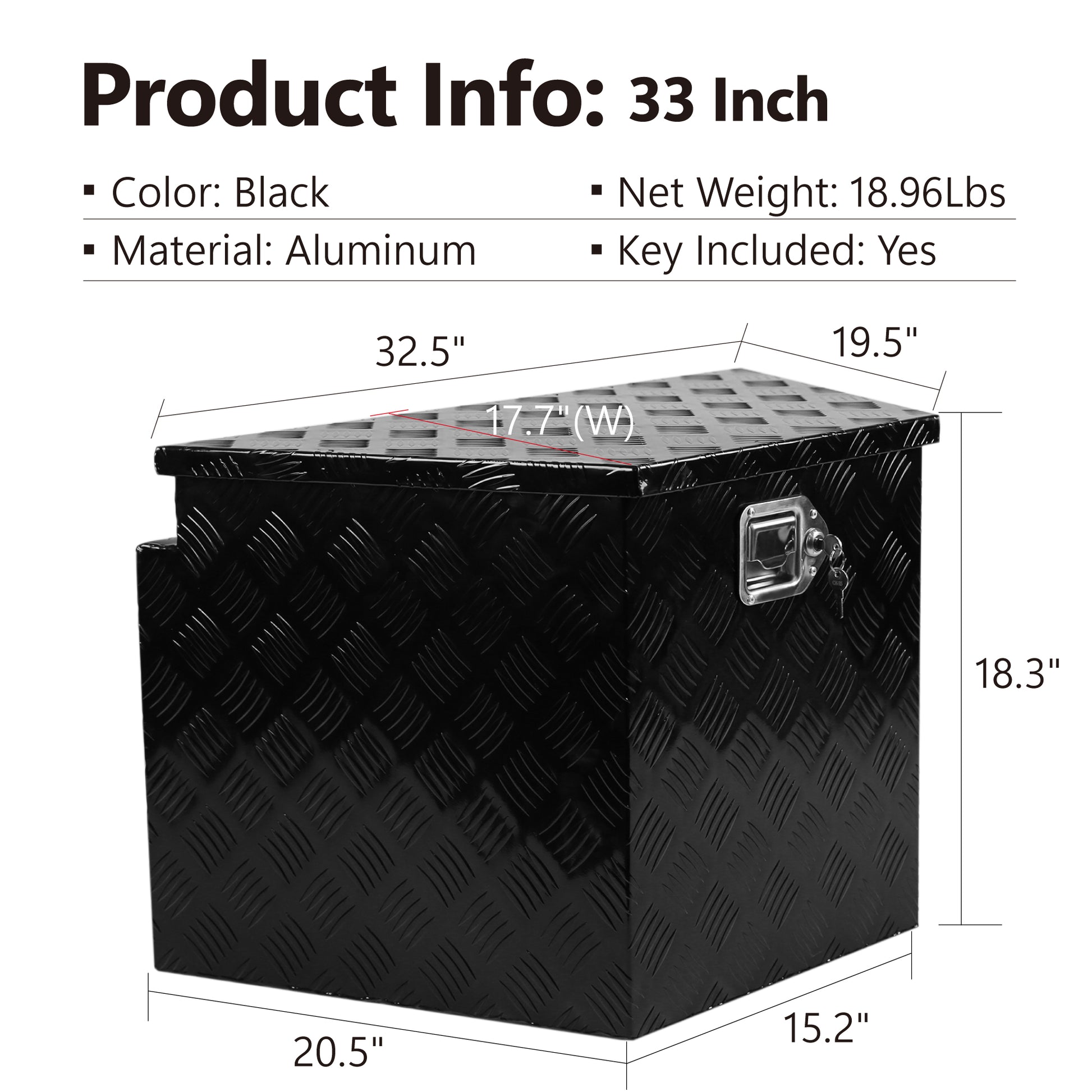 33 Inch Heavy Duty Diamond Plate Aluminum Trailer Tongue Box Pickup Truck Tool Box Storage Organizer With Weather Resistant Seal, Lock & Ke Black 32.5"X20.5"X18.3" Black Aluminium