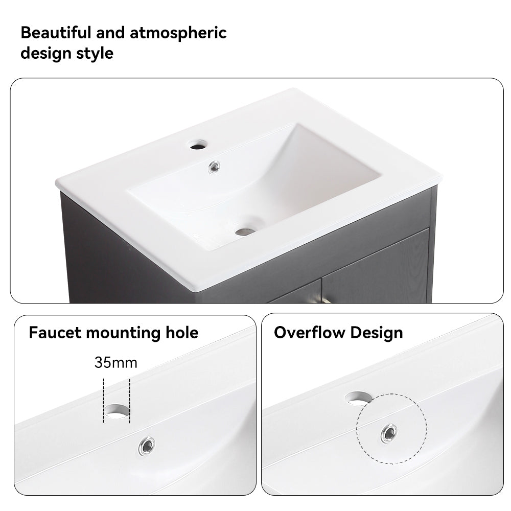 24" Bathroom Vanity,with White Ceramic Basin,Two black-solid wood