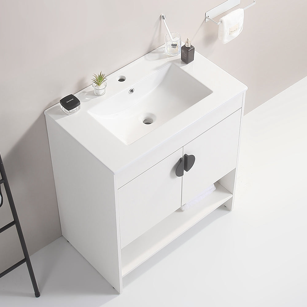 30" Bathroom Vanity,With White Ceramic Basin,Two Cabinet Doors With Black Zinc Alloy Handles,Solid Wood,Excluding Faucets,White White Solid Wood