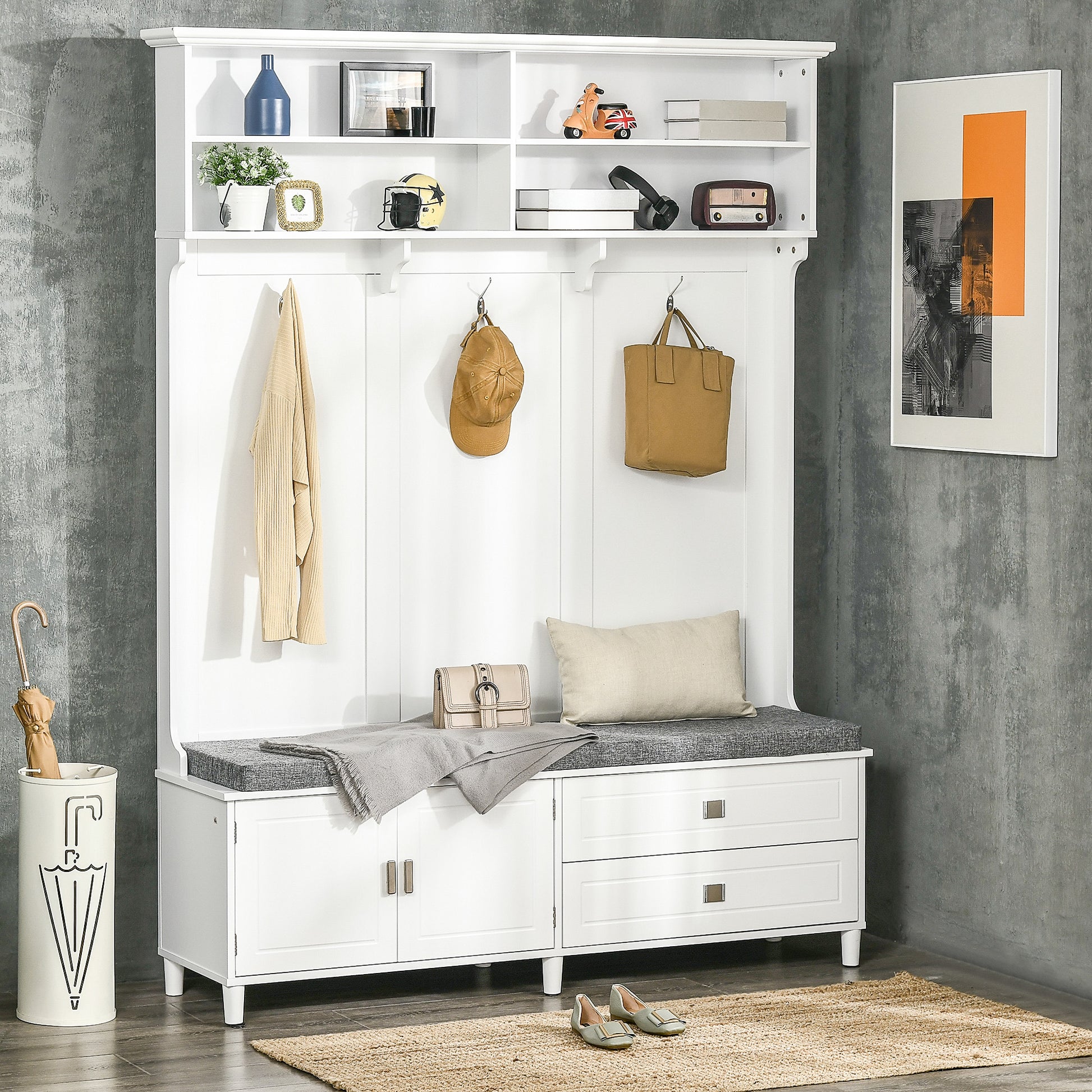 Hall Tree With Storage Bench, Entryway Bench With Coat Rack, Accent Coat Tree With Storage Shelves, Cabinet And Drawers For Hallway, Mudroom, White White Mdf