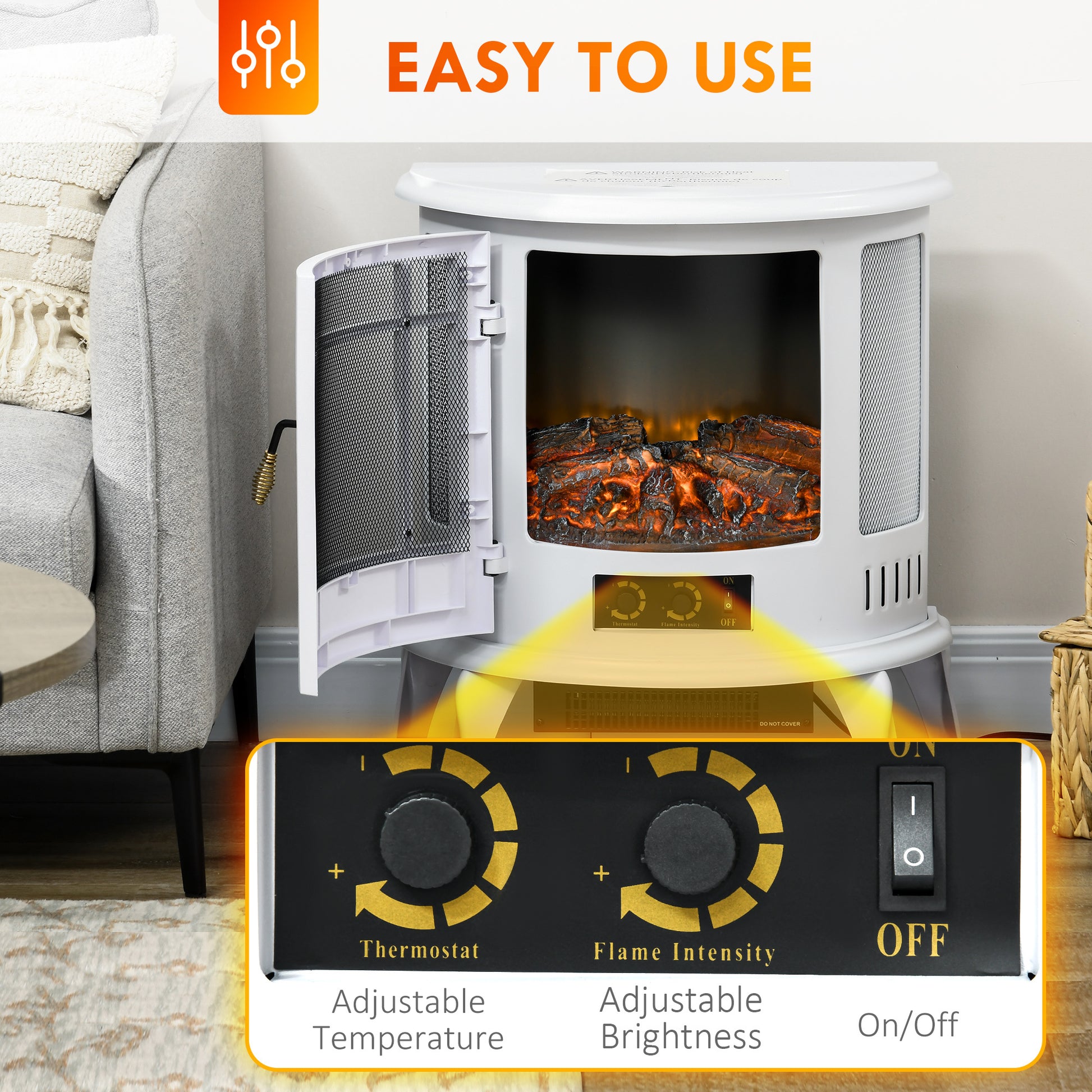 22" Electric Fireplace Stove, Freestanding Electric Fire Place Heater With Realistic Led Flame, Adjustable Temperature, 1500W, White White Polypropylene