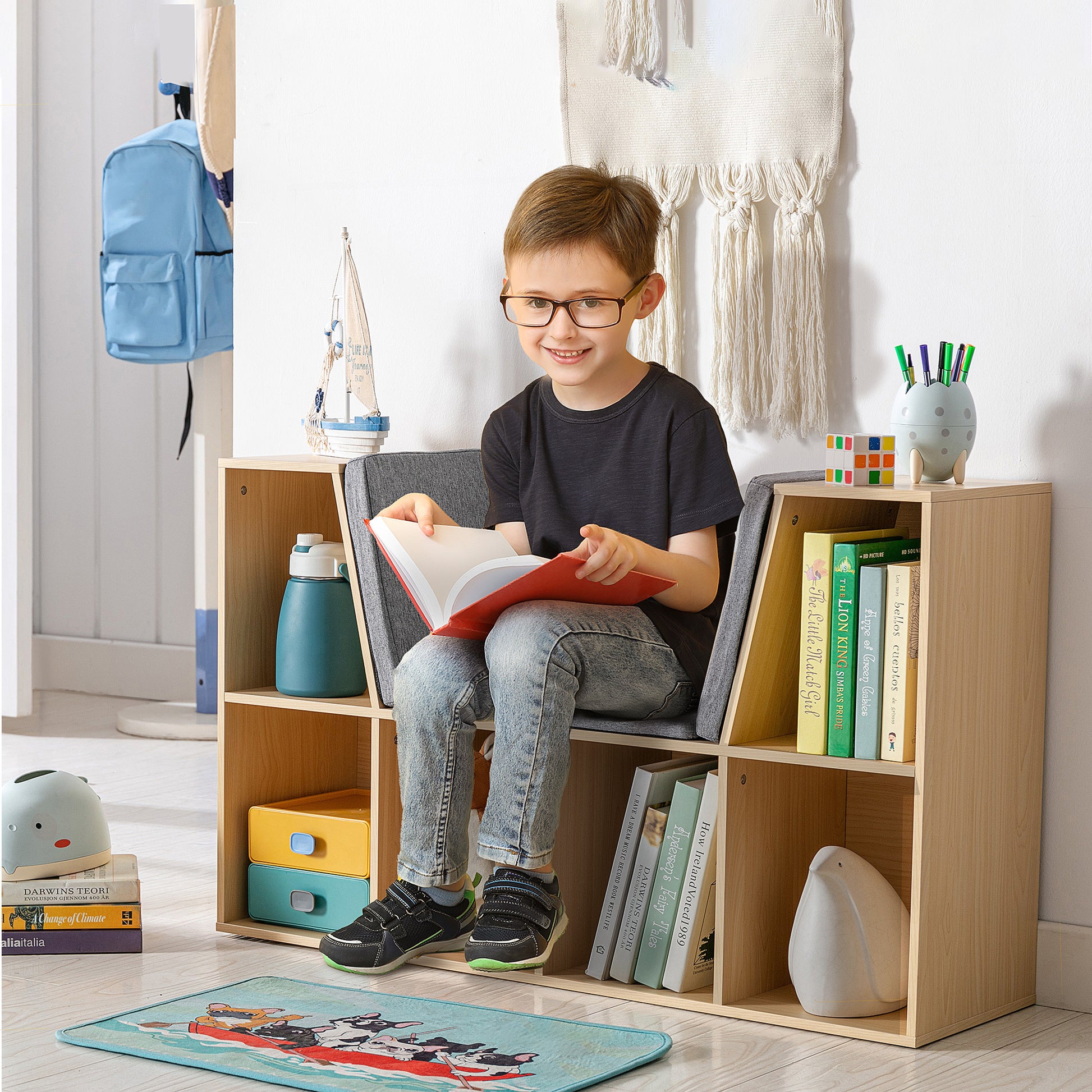 6 Cubby Kids Bookcase With Reading Nook And Cushion, Multi Purpose Storage Organizer For Bedroom, Living Room, Natural Natural Mdf