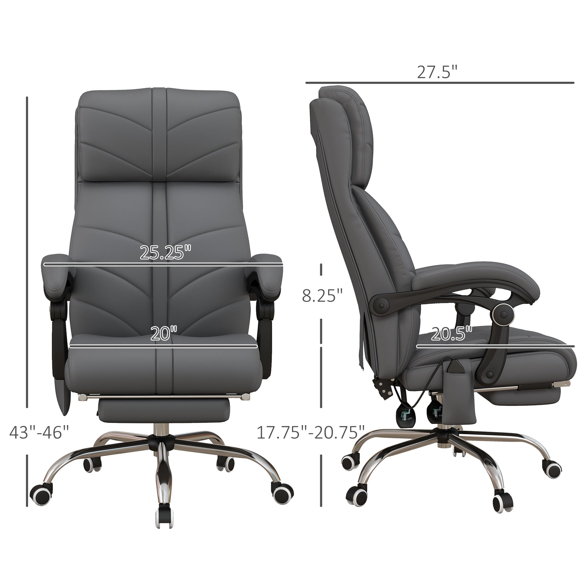 Executive Massage Office Chair With 4 Vibration, Computer Desk Chair, Pu Leather Heated Reclining Chair With Adjustable Height, Swivel Wheels, Gray Gray Pu Leather