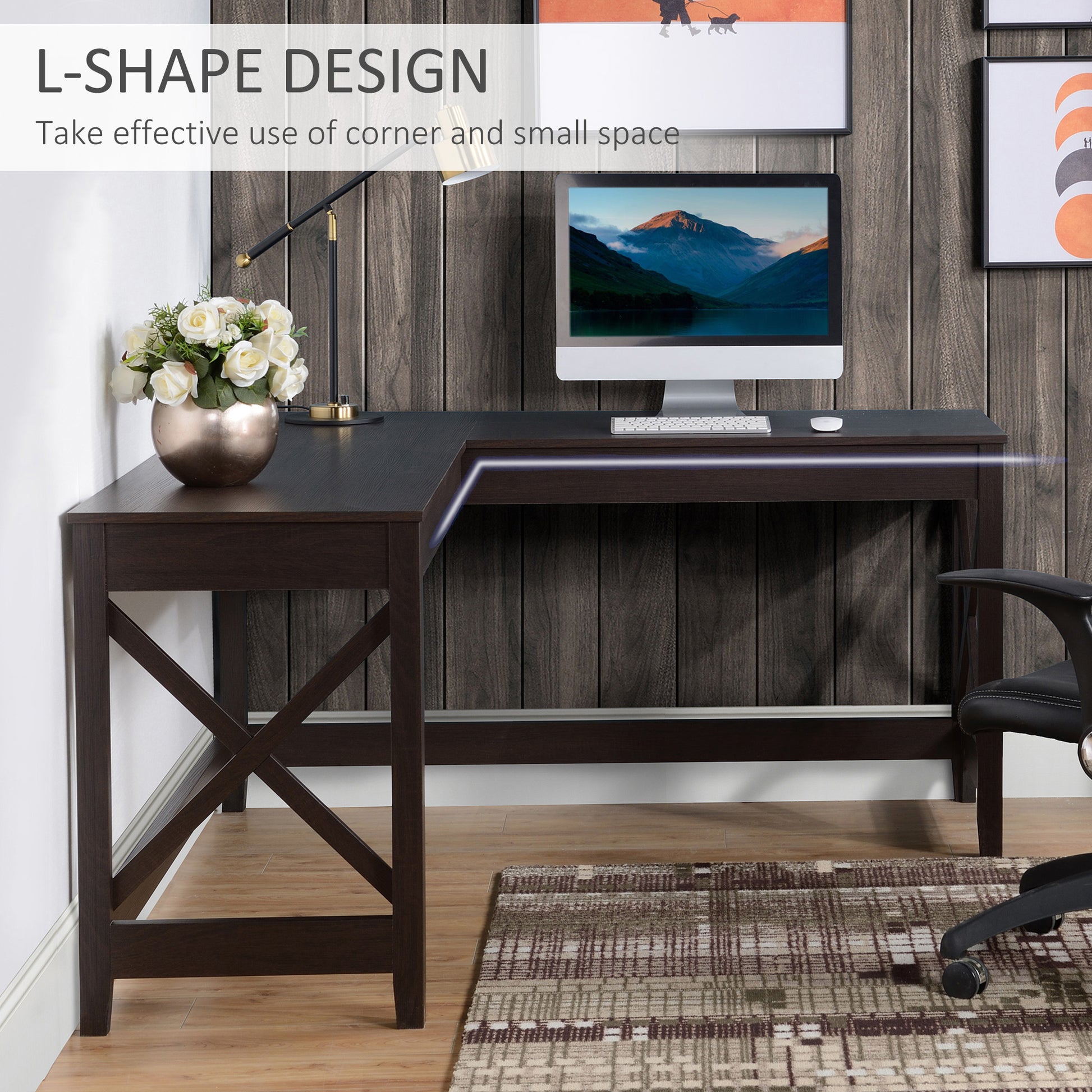 57" L Shaped Corner Desk, Computer Home Office Desk And Writing Table, Brown Brown Particle Board