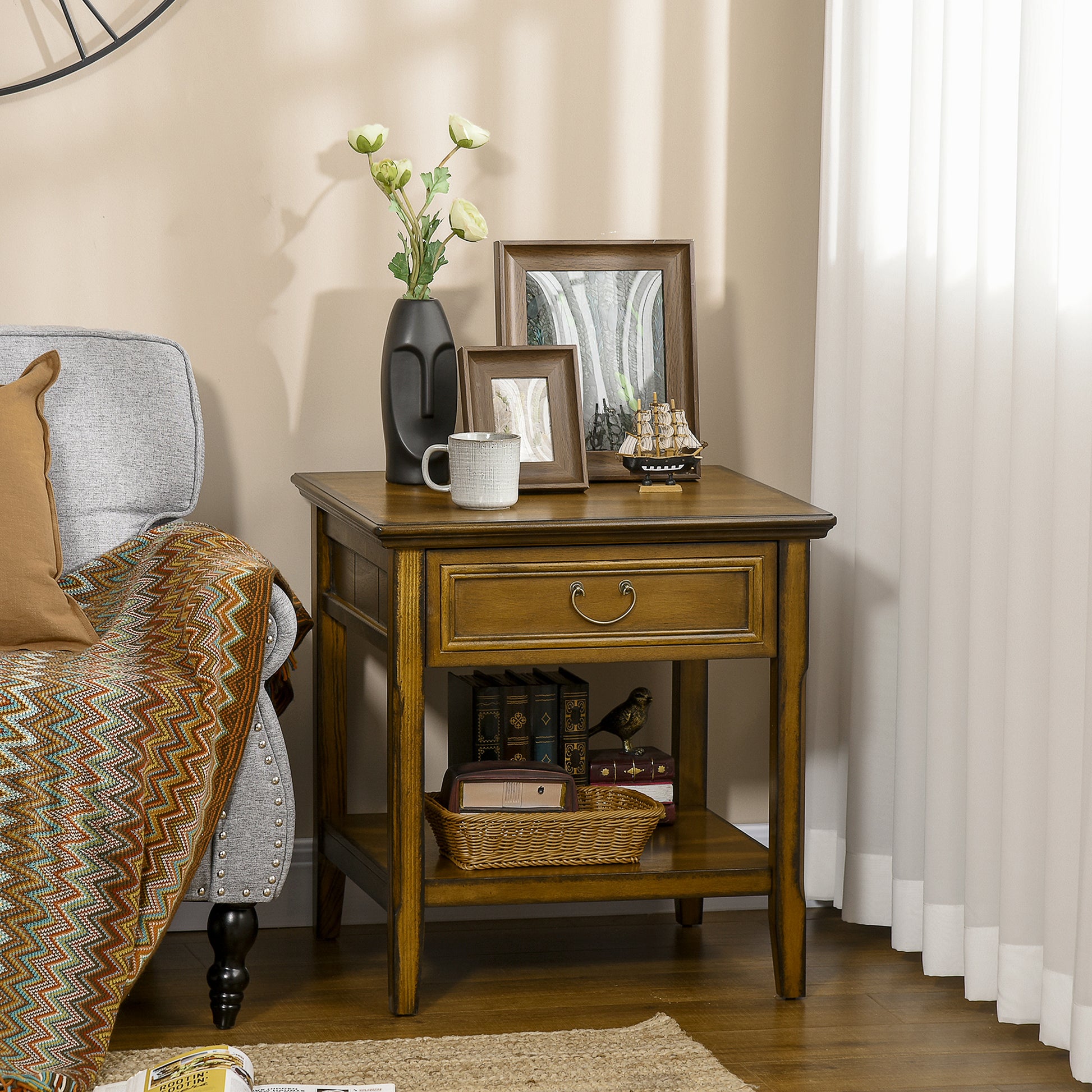 Side Table With Storage, Vintage End Table With Drawer And Open Shelf, Beside Table For Bedroom, Living Room, Dark Coffee Dark Coffee Mdf