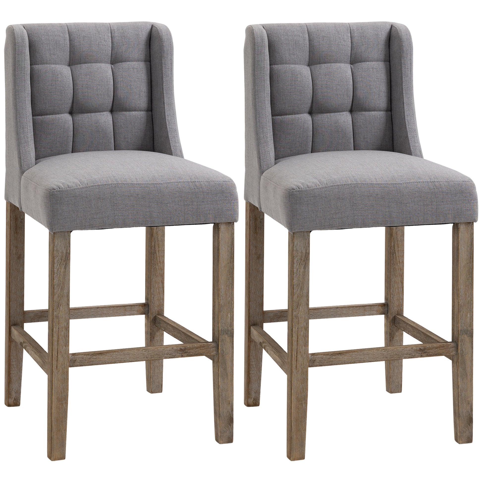 Modern Bar Stools, Tufted Upholstered Barstools, Pub Chairs With Back, Rubber Wood Legs For Kitchen, Dinning Room, Set Of 2, Grey Grey Polyester